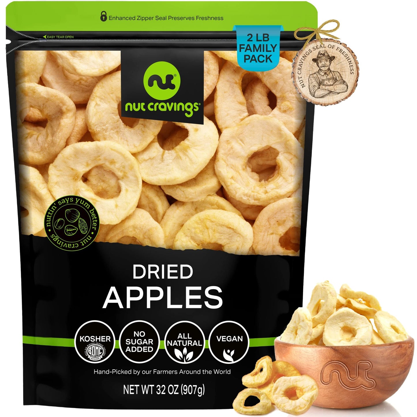 NUT CRAVINGS Dry Fruits - Dried Apple Rings Slices, No Sugar Added - Chewy Soft Texture (32oz - 2 LB) Packed Fresh in Resealable