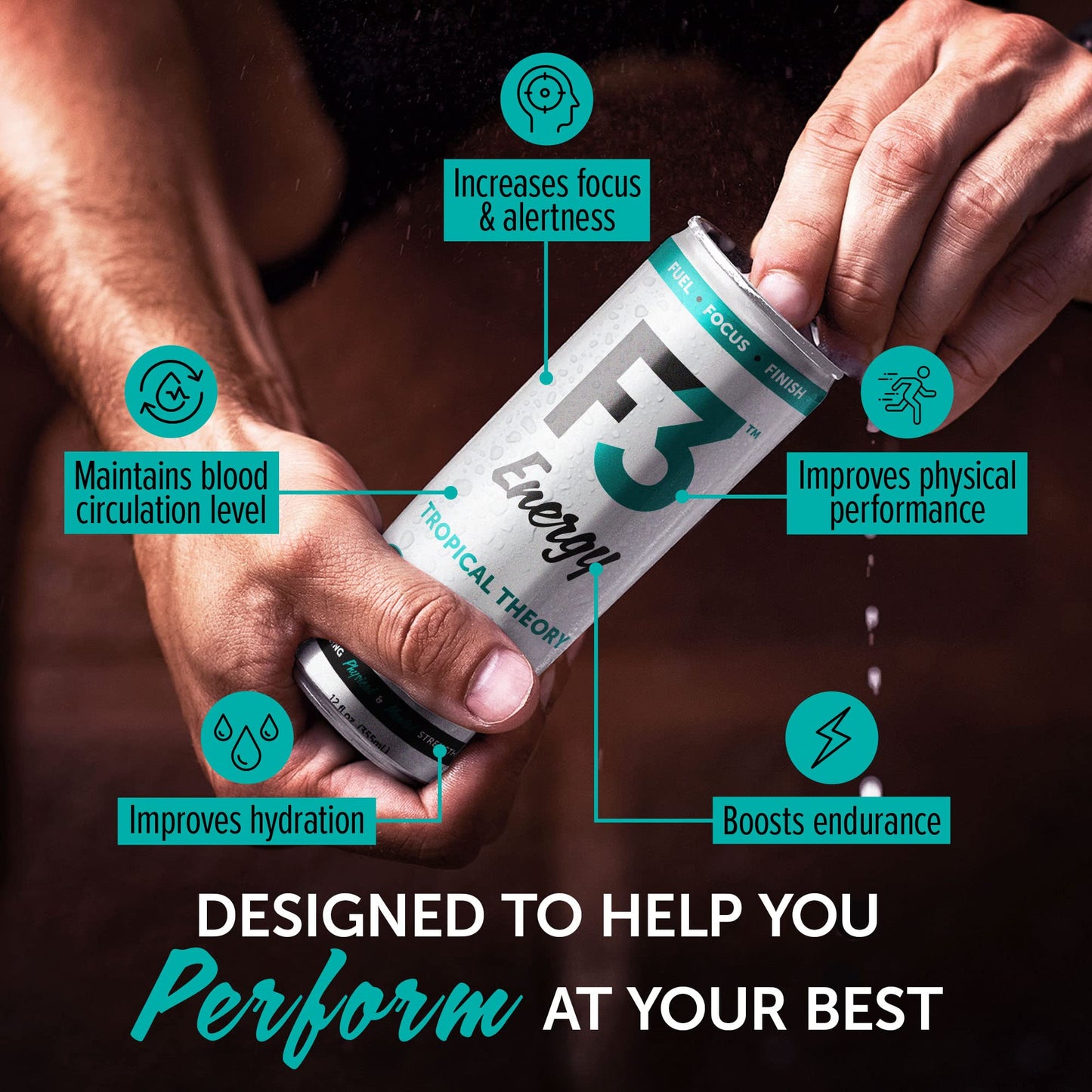 F3 Energy Tropical Theory Energy Drink - BCAA, Panax Ginseng, Ginkgo Biloba - 125 mg Caffeine - 12 Pack