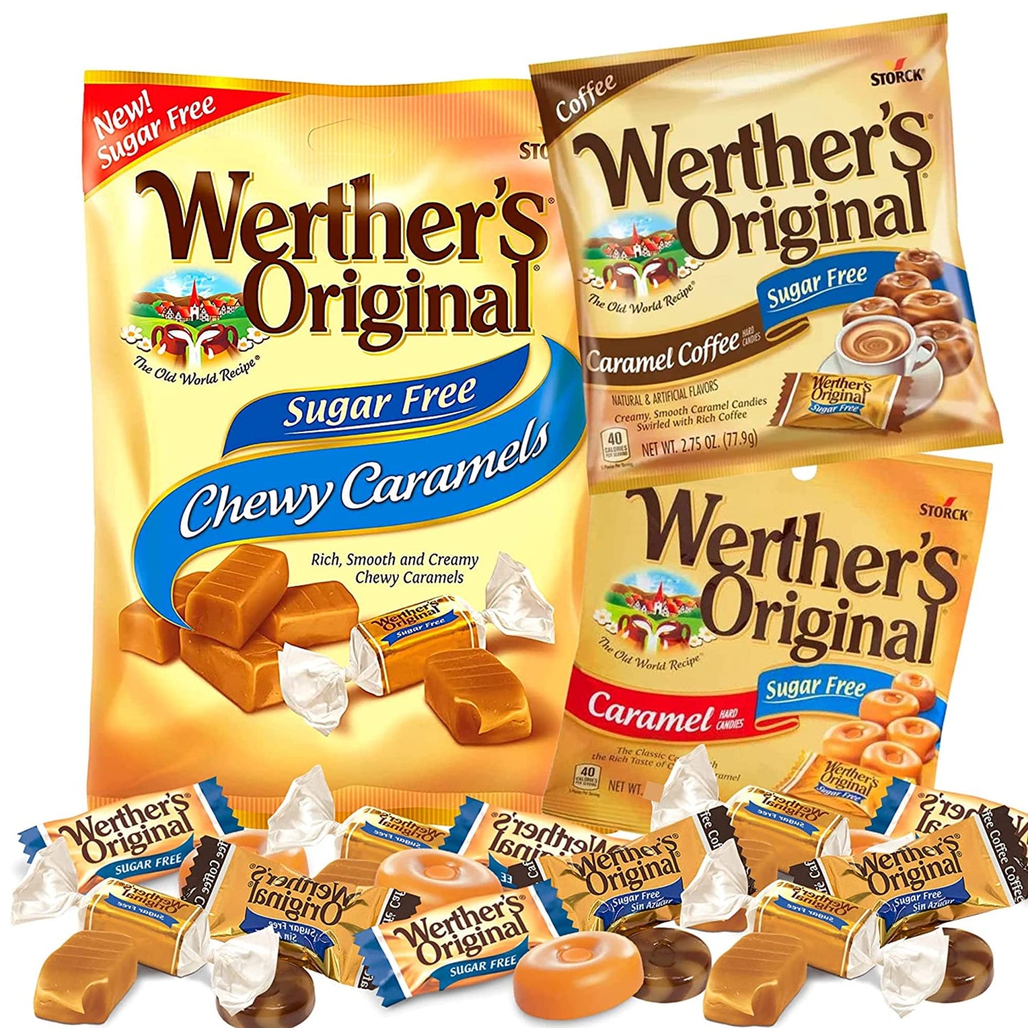 Needzo Werther'S Sugar Free Candy Variety Pack With Classic Caramel Flavored Hard And Chewy Candies Paired With Caramel Coffee, Sugarless Gift Basket Stuffer, Set Of 3