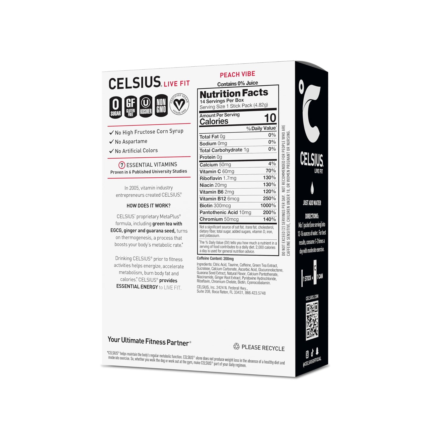 CELSIUS On-the-Go Powder Sticks Peach Vibe, Essential Energy 2.6 Oz (14 Sticks per Pack)