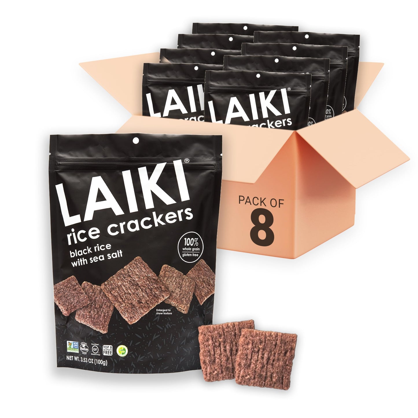 LAIKI Gluten Free Rice Crackers, Seed-Oil Free, Low Sodium, Vegan, Non-GMO, 3.53 Oz Bag (Pack of 8), Black Rice Simply Sea Salt