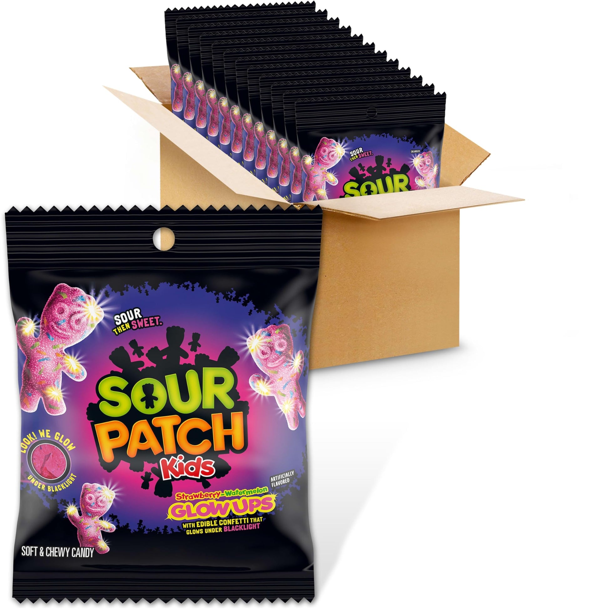 SOUR PATCH KIDS Glow Ups Strawberry-Watermelon Soft & Chewy Candy, Bulk Candy, 12-3.08 oz Bags