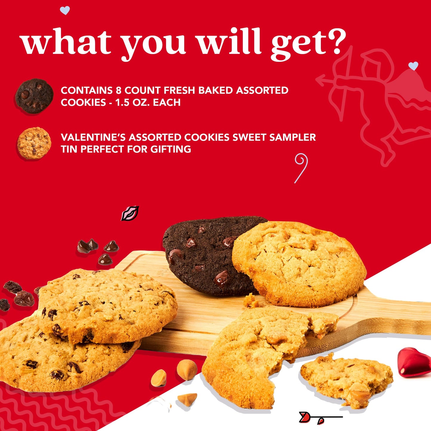 Davids Fresh Baked Assorted Cookies Sweet Sampler In Love Tin 8 Count - Chocolate Chunk, Peanut Butter Chip, Double Chocolate Ch
