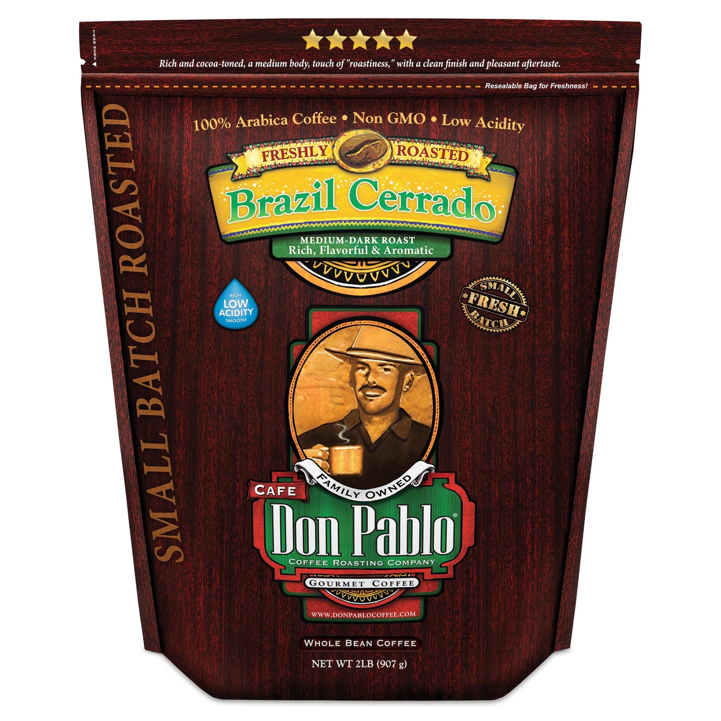 Don Pablo Gourmet Coffee 2LB - Brazil Cerrado Medium Dark Roast Whole Bean, 100% Arabica, Low Acidity, Non-GMO - 32oz Bag