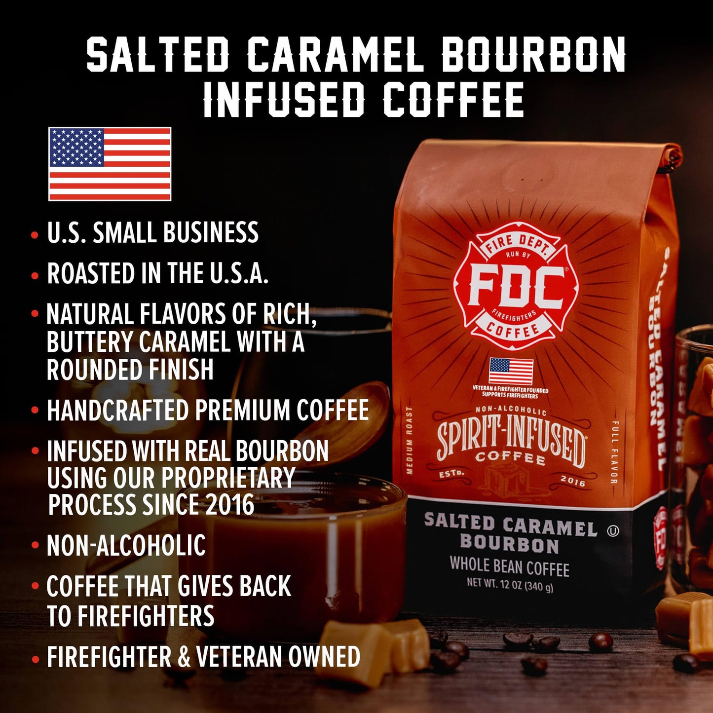 Fire Department Coffee Salted Caramel spirit-inspired flavor Coffee Beans - Whole Bean - 12 oz, Pack of 2 - Veteran Owned, Roasted in the USA