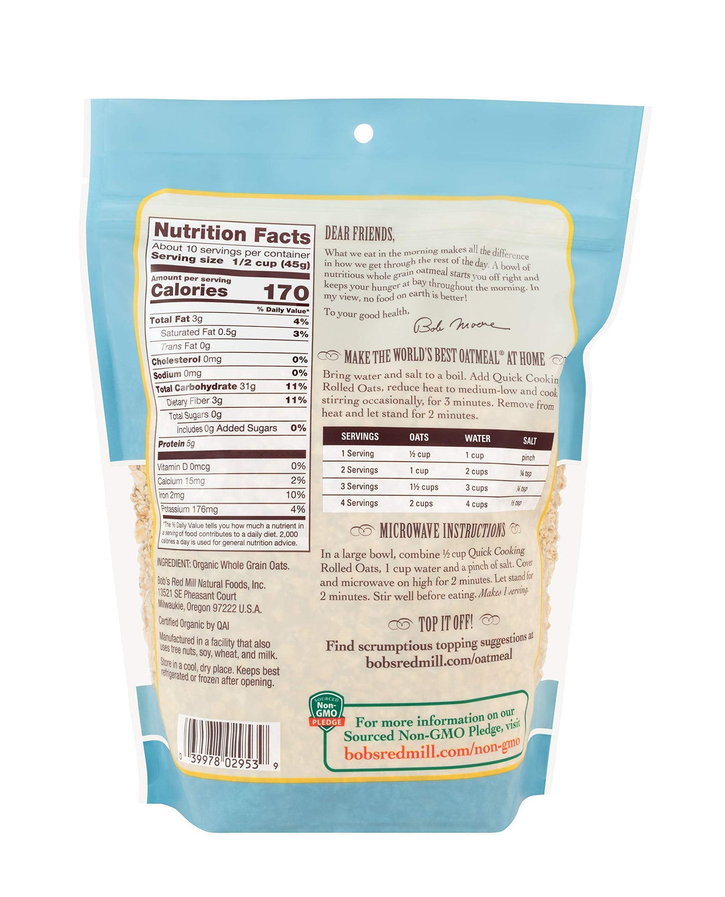 Bob s Red Mill Organic Quick Cooking Rolled Oats, 16oz (Pack of 4) - Non GMO, Whole Grain, Vegan, Kosher