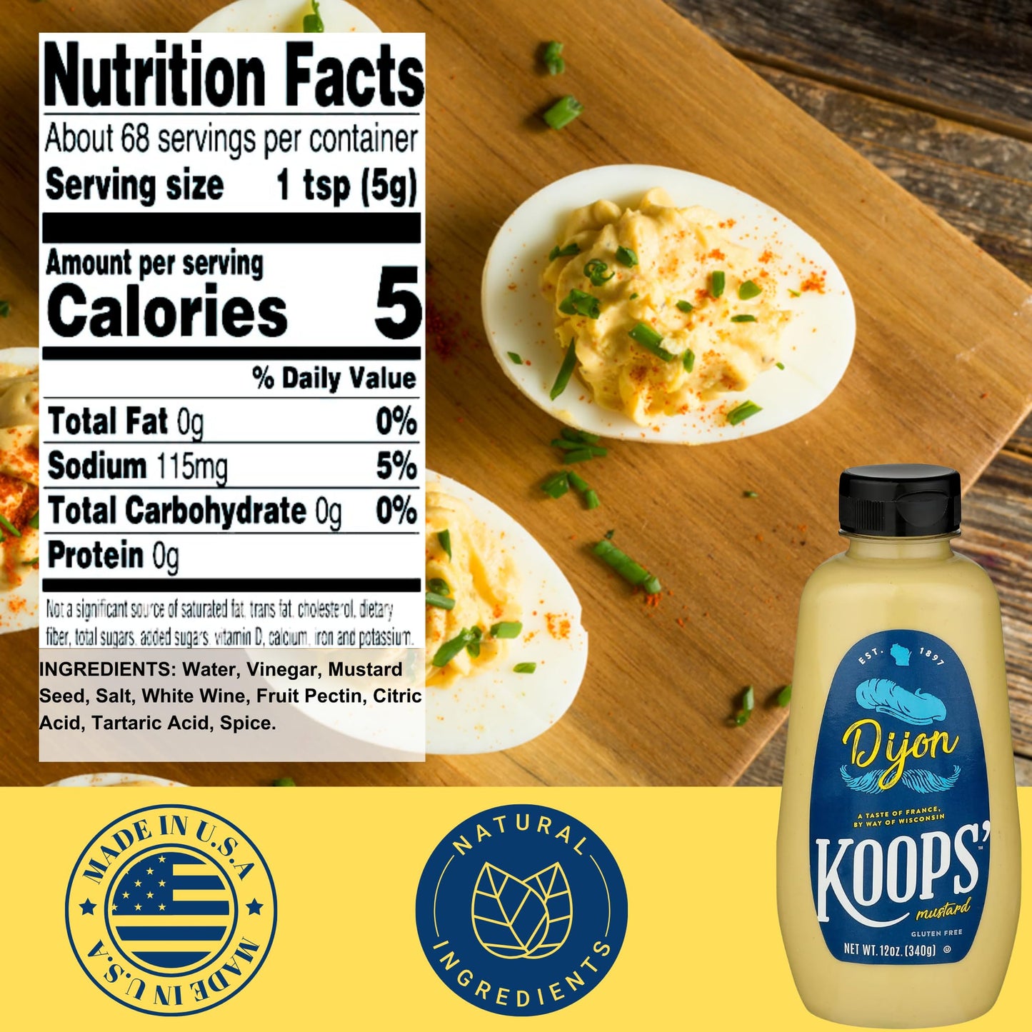 KOOPS Dijon Mustard, Gluten-Free, Non-GMO, Kosher, 12 Oz, Pack of 4