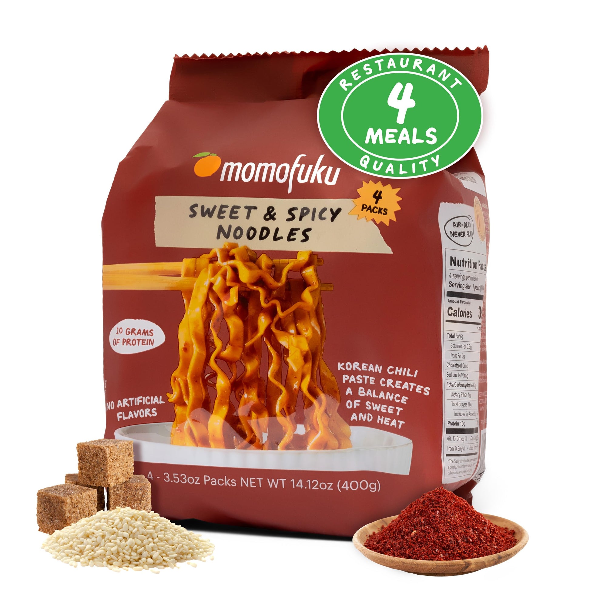 Sweet and Spicy Noodles Ramen Noodles by David Chang, 4 Pack of Restaurant Quality Air-Dried Instant Noodles Now with More Sauce