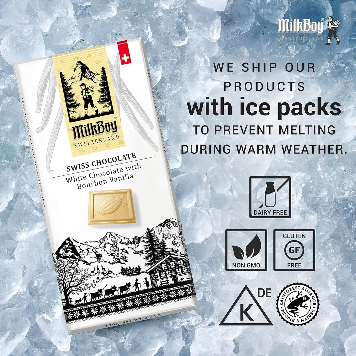 Milkboy Swiss Chocolates White Chocolate spirit-inspired flavor Vanilla Bars - Gluten Free, Non-GMO, Kosher - 3 oz, Pack of 5