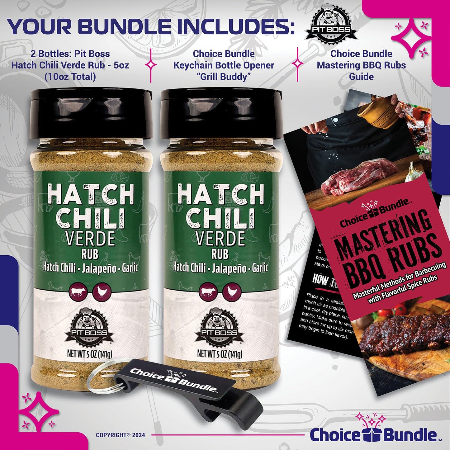 Pit Boss Hatch Chili Verde Barbecue Seasoning Spice & Rub, 10 oz (2 Pack) with Guide & Keychain Opener