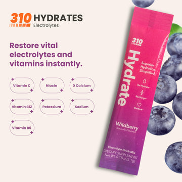 310 Hydrate Wildberry Electrolytes Powder Packets - No Sugar Hydration Packets With Key Vitamins & Minerals - Keto Friendly - Ta