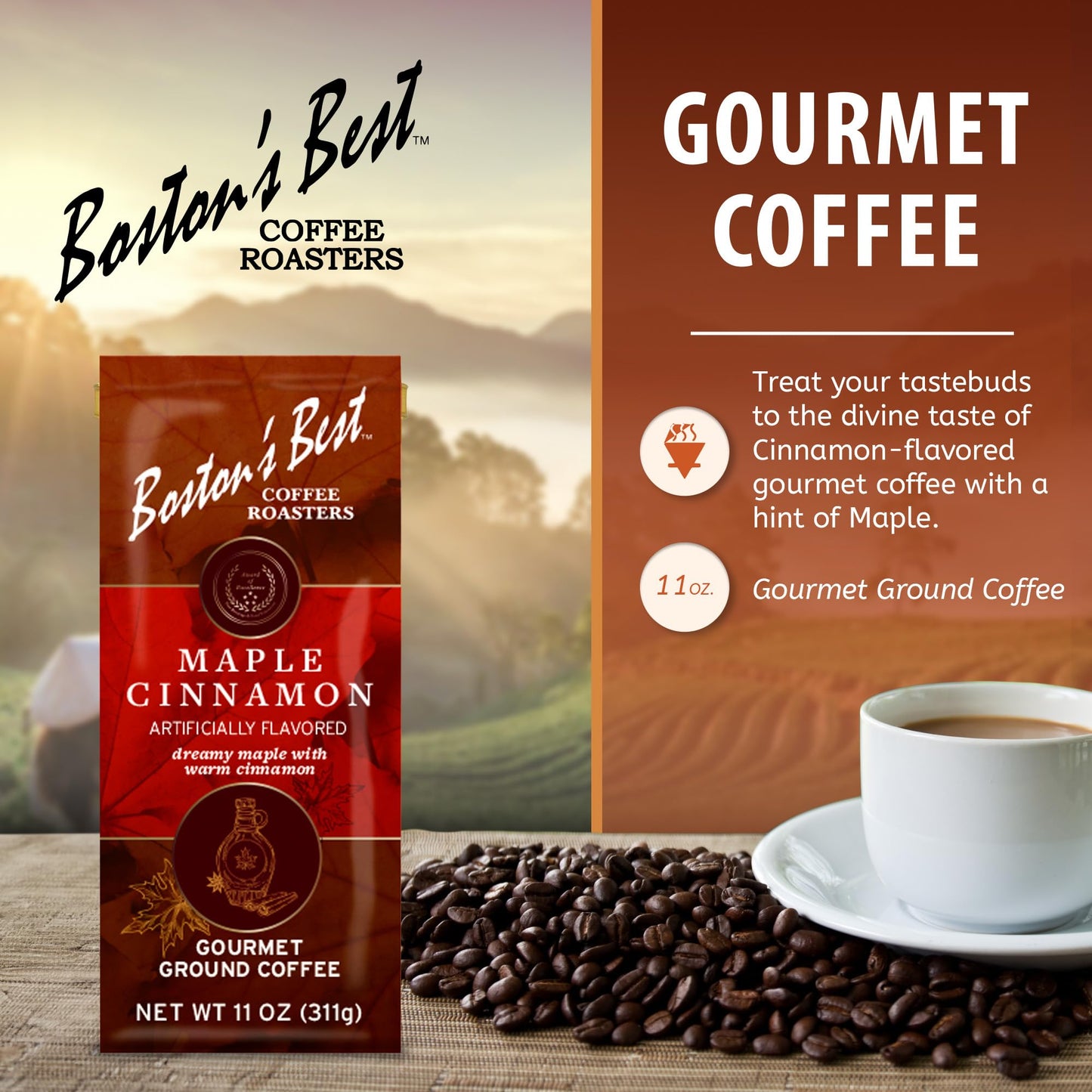 Bostons Best Coffee - Maple Cinnamon Flavored Gourmet Ground Coffee, 11 oz.