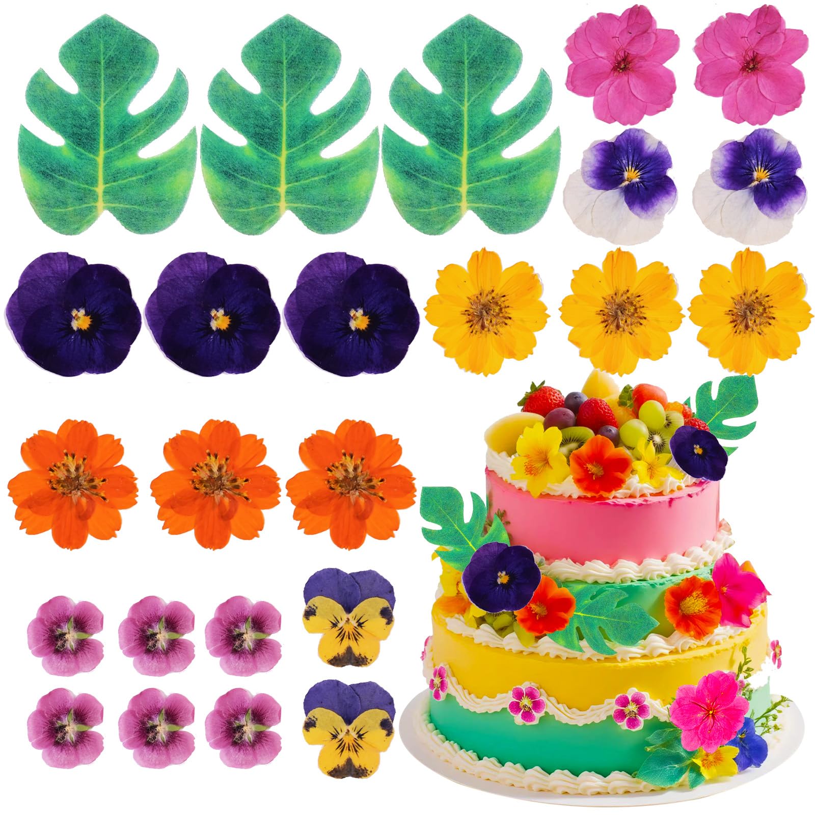 60 Pcs Real Edible Flower Tropical Cupcakes Cake Decoration  Hibiscus Flowers Turtle Back Leaves Cartoon Birthday Cake Toppers -Hawaiian Series Theme Wedding  Party  Mixed Flavors