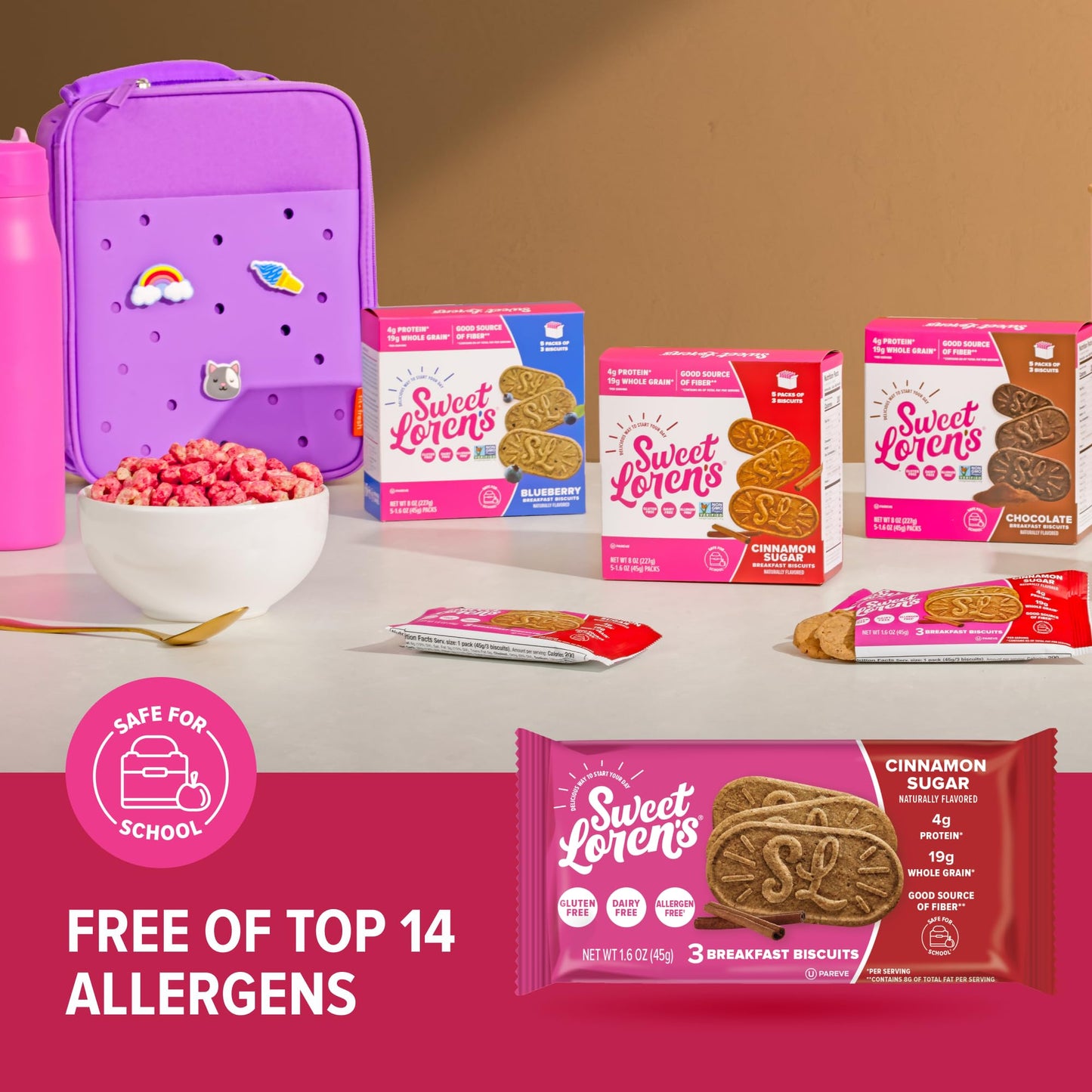 Sweet Lorens Vegan Breakfast Biscuits | Cinnamon Sugar | 4g Protein  19g Whole Grains | Plant Based  Gluten Free  Dairy Free  Nut Free Snacks | Grab & Go 8 Pack (24 Total Biscuits  1.6 ounce each)