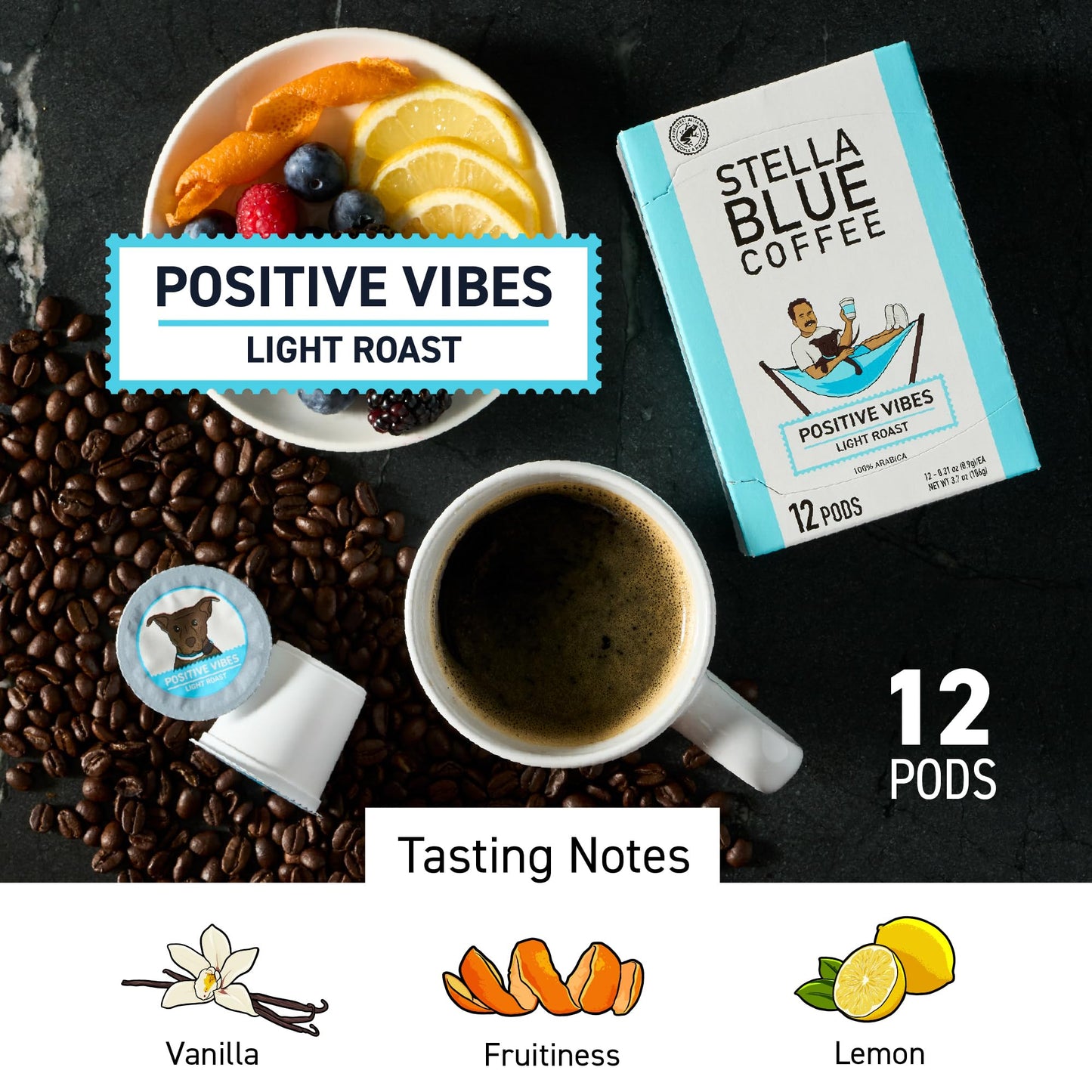 Stella Blue Light Roast Coffee Pods, 100% Arabica, 12 Count, Single-Serve, Ethically Sourced