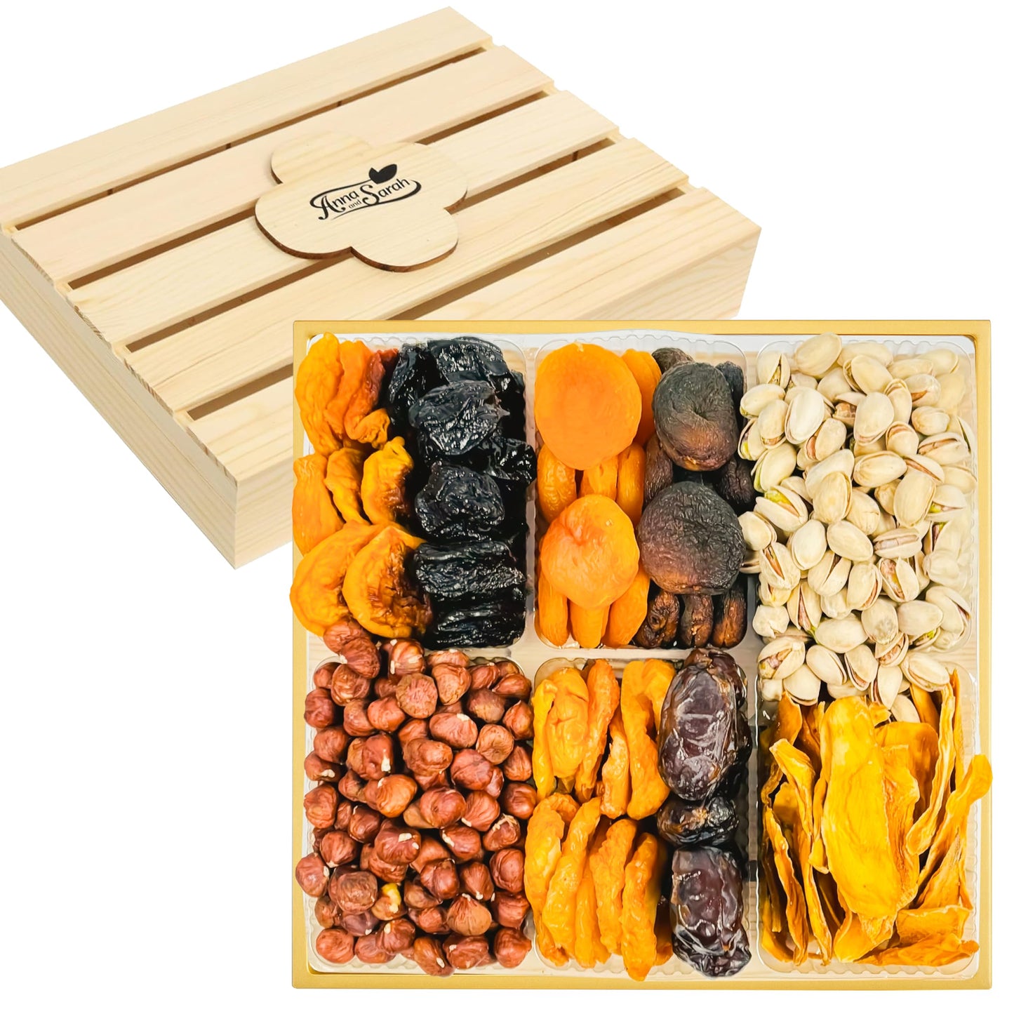 Anna And Sarah Gourmet Dried Fruit & Nuts In Wooden Gift Box Includes Strip Mango-Fancy Dates-Pear-Peach- Apricot-Dried Prune-Apricot-Oregon Hazelnut And California Pistachios Kosher-Halal For Christmas-Holiday For Mom-Dad-Boy-Girl Everyone