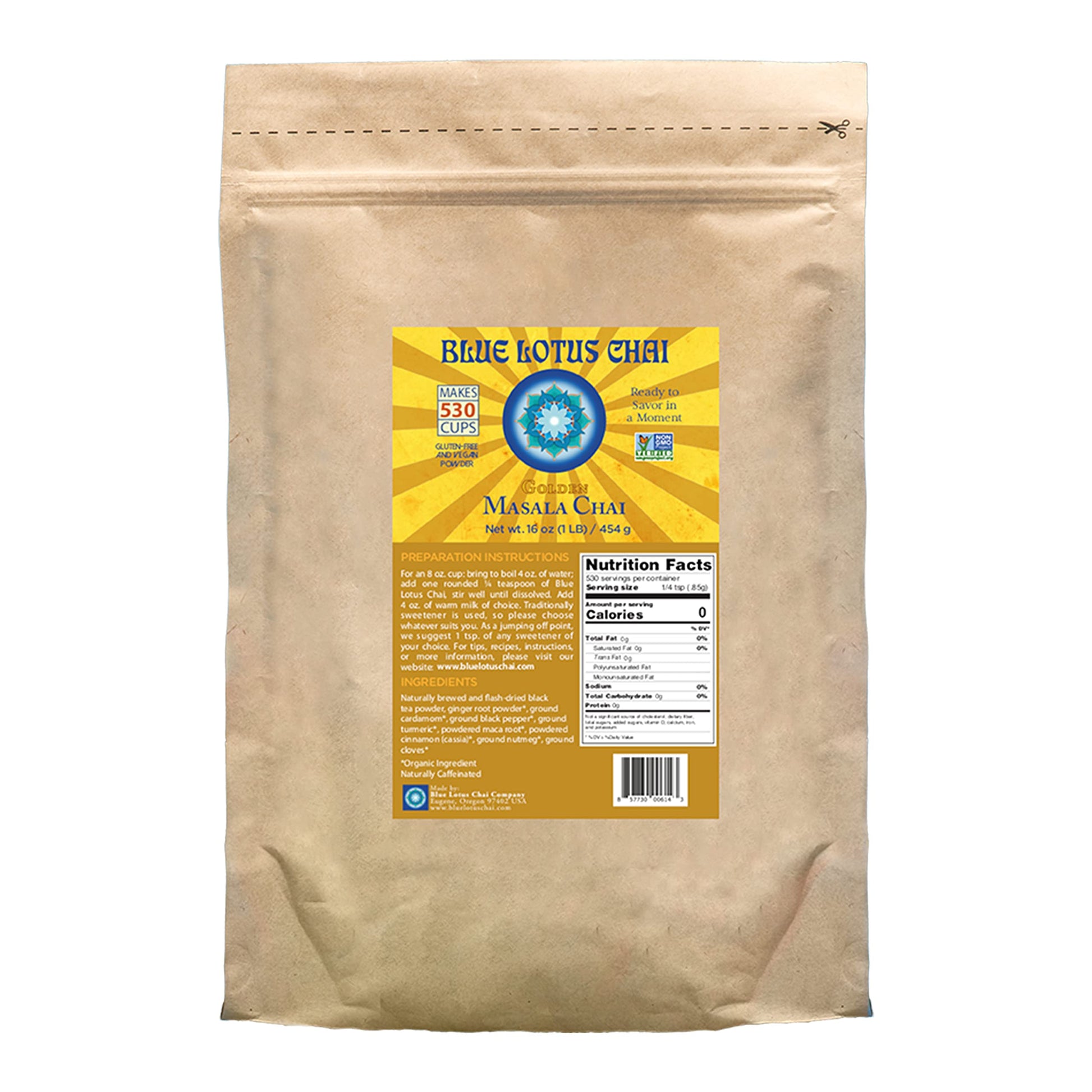 Blue Lotus Chai - Golden Masala Chai - Makes 530 Cups - 1 Pound Bulk Bag Masala Spiced Chai Powder With Organic Spices - Instant