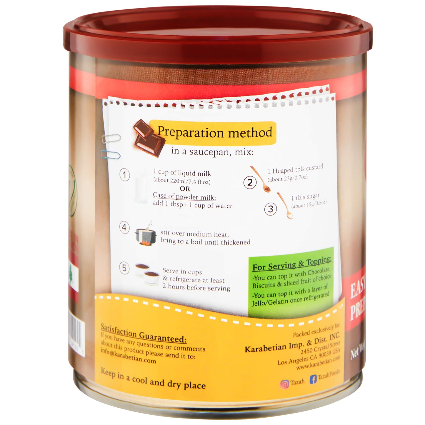 TAZAH Chocolate Custard Powder Mix, No Added Sugar, 12.3 Oz (350g) Tin