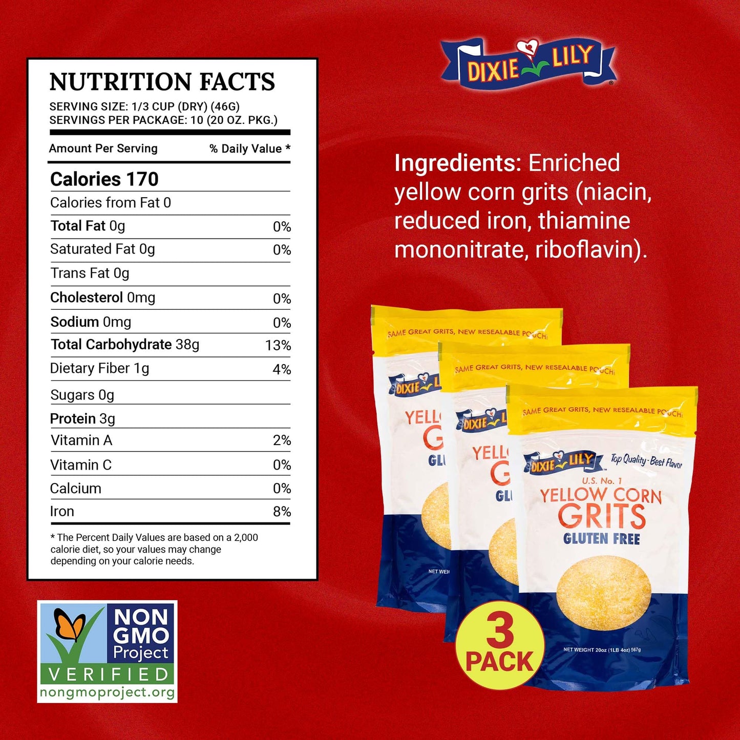 Dixie Lily Yellow Corn Grits - Enriched With Iron, Niacin, Thiamine, Riboflavin - Classic Southern Taste - Certified Non-GMO - 2