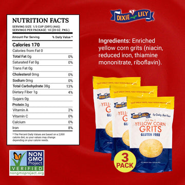 Dixie Lily Yellow Corn Grits - Enriched With Iron, Niacin, Thiamine, Riboflavin - Classic Southern Taste - Certified Non-GMO - 2