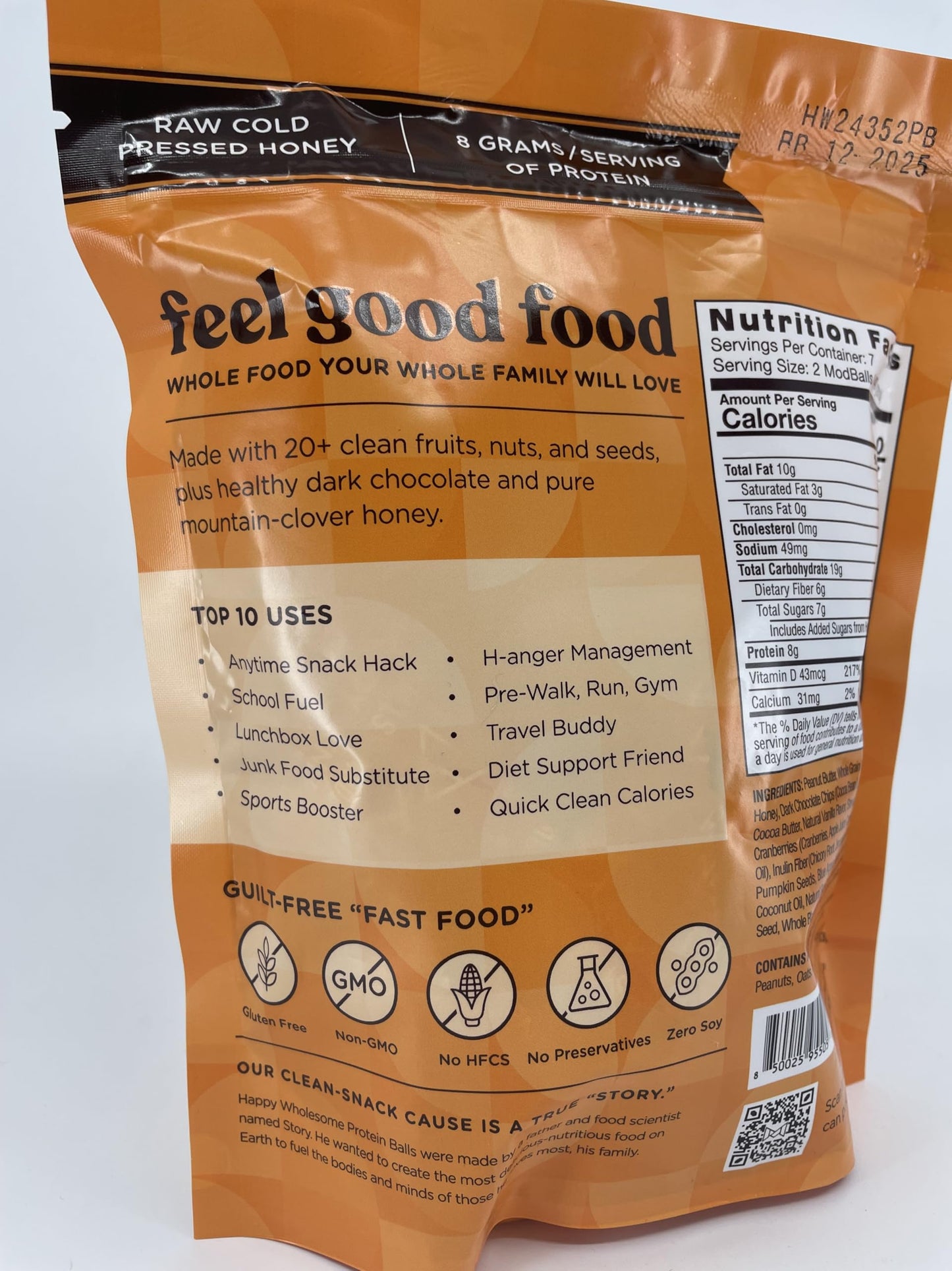 Happy Wholesome Protein Balls, Peanut Butter Chocolate, Healthy and on the Go, 7 Servings Per Pouch | Raw Cold Pressed Honey, 8
