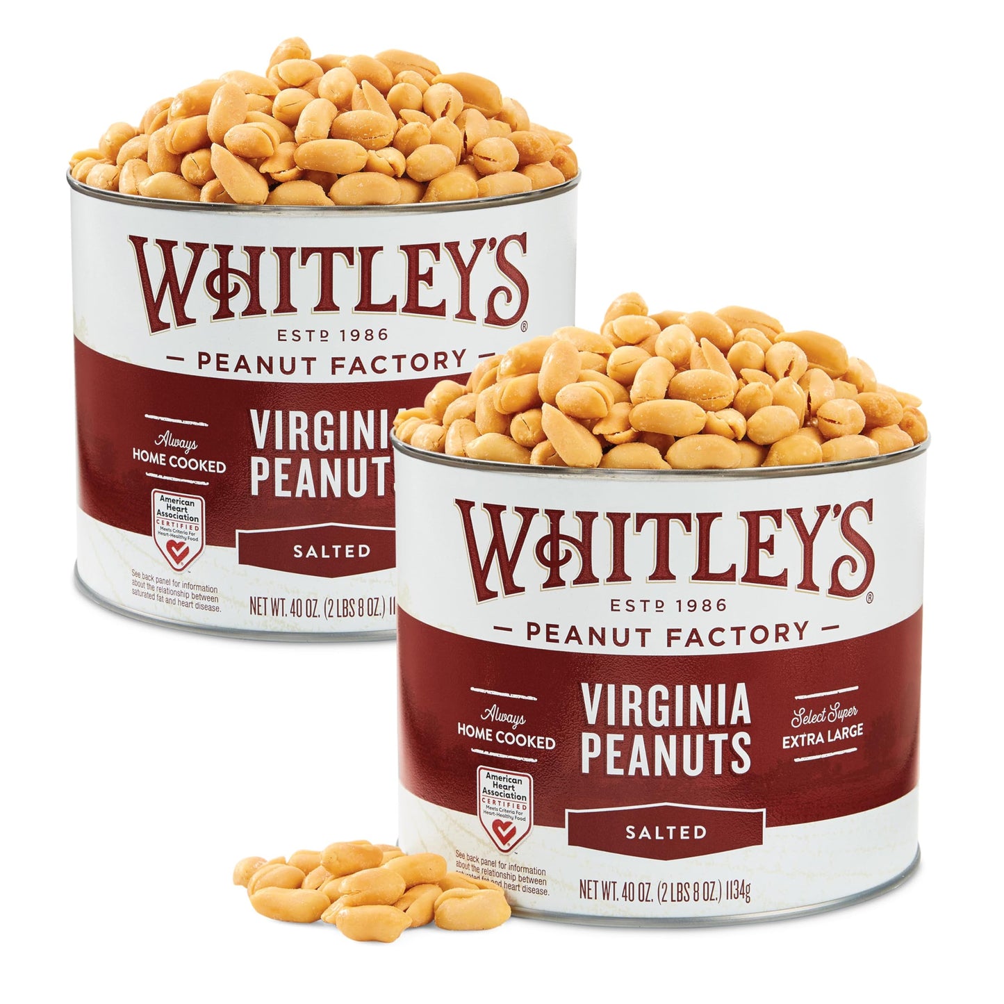 Whitleys Salted Virginia Peanuts - Super Extra Large Home Cooked Virginia Peanuts (2 x 40 Ounce Tin)