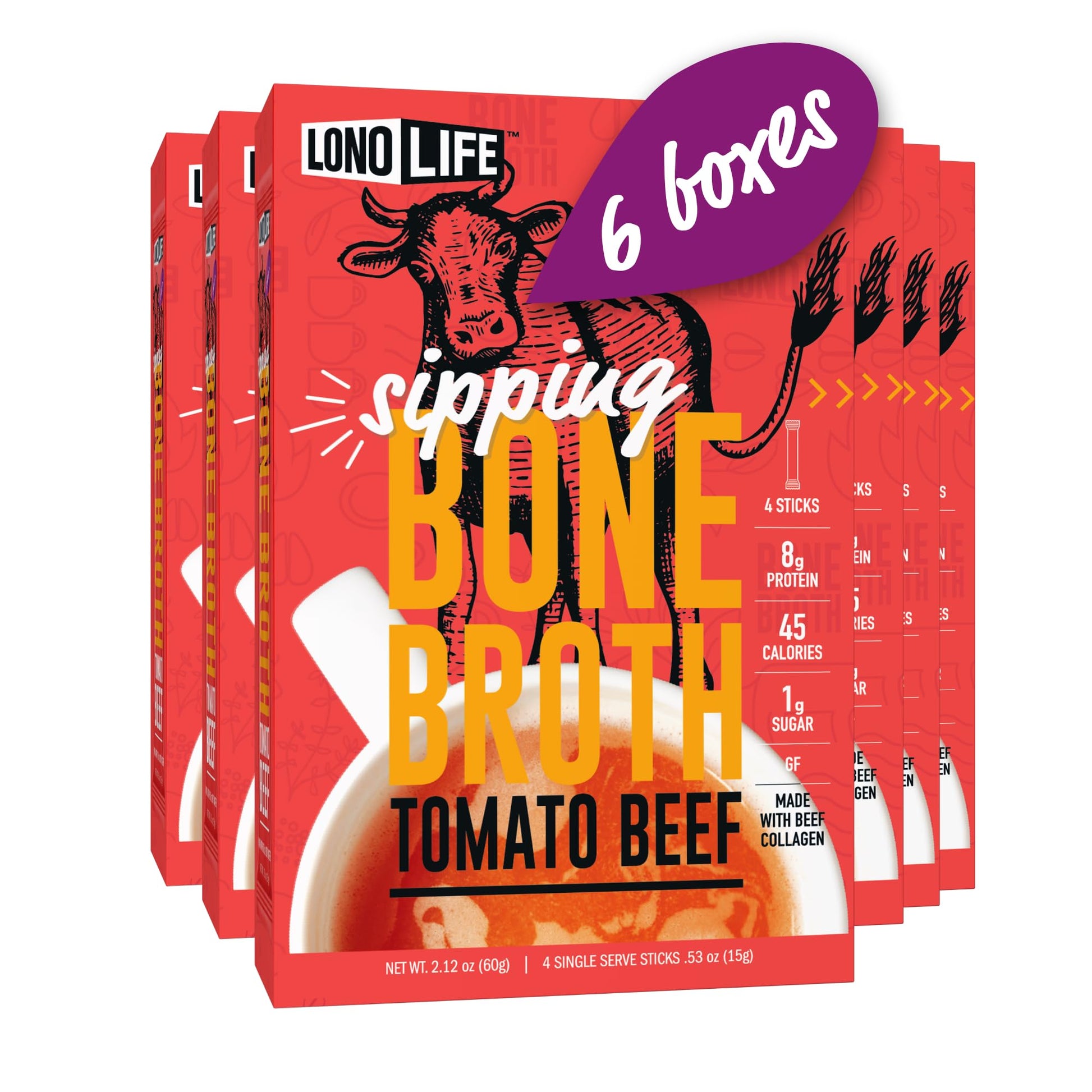 LonoLife Tomato Beef Bone Broth Powder Mix, Grass-Fed, 10g Protein, 24 Stick Packs