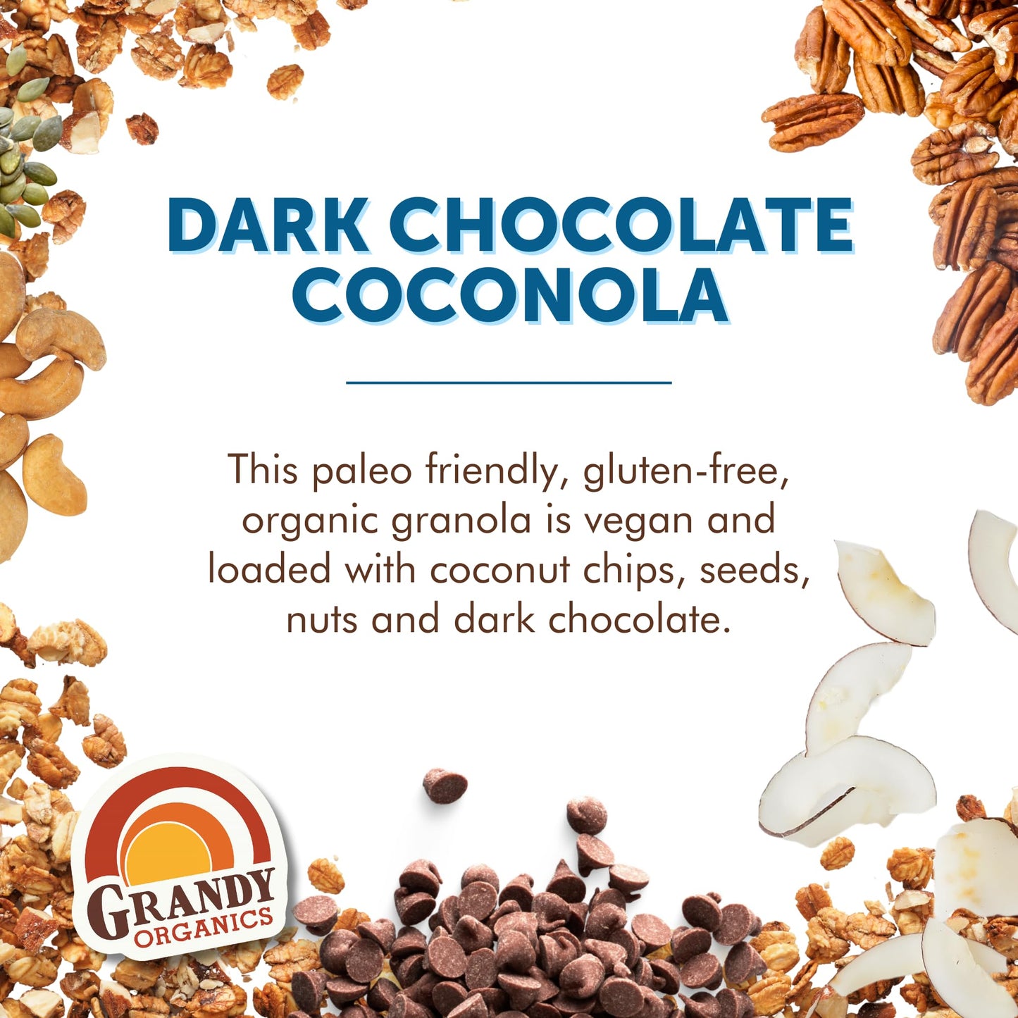 Grandy Organics Dark Chocolate Coconola Granola, Certified Organic Gluten Free Granola, Grain Free Granola, Chocolate Flavored C