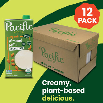 Pacific Foods Organic Unsweetened Almond Milk, Plant Based Milk, 32 oz Carton (12 Pack)