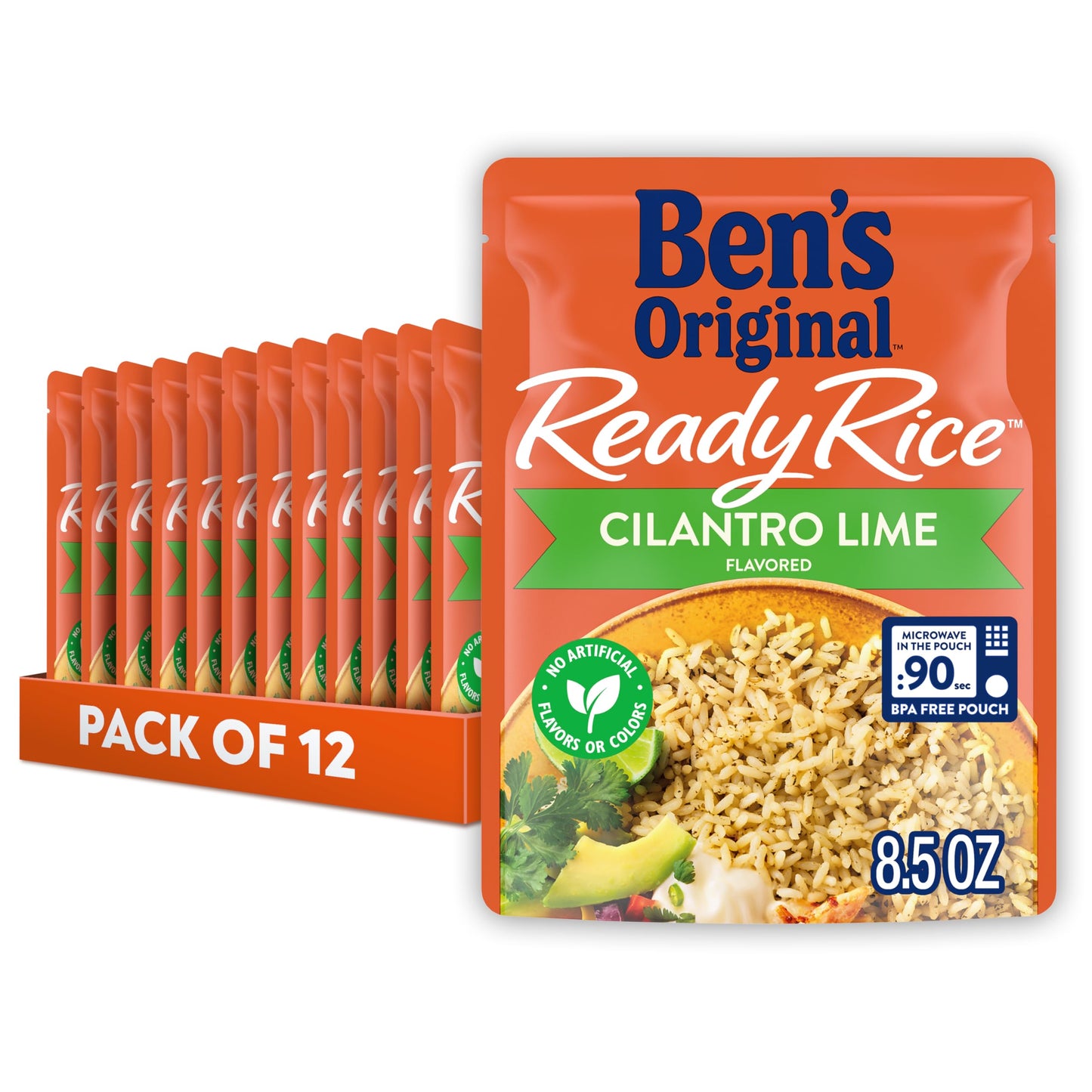 BEN S ORIGINAL Ready Rice Cilantro Lime Flavored Rice, Easy Dinner Side, 8.5 OZ Pouch (Pack of 12)
