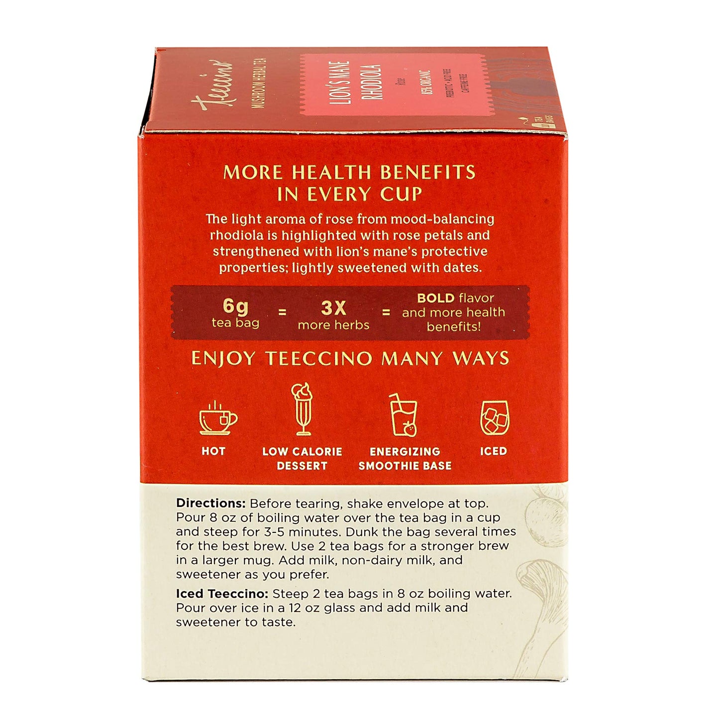 Teeccino Herbal Tea - Caffeine-Free Mushroom Adaptogenic - Lion’s Mane & Rhodiola - 10 Tea Bags - Lightly Sweetened with Dates & Figs