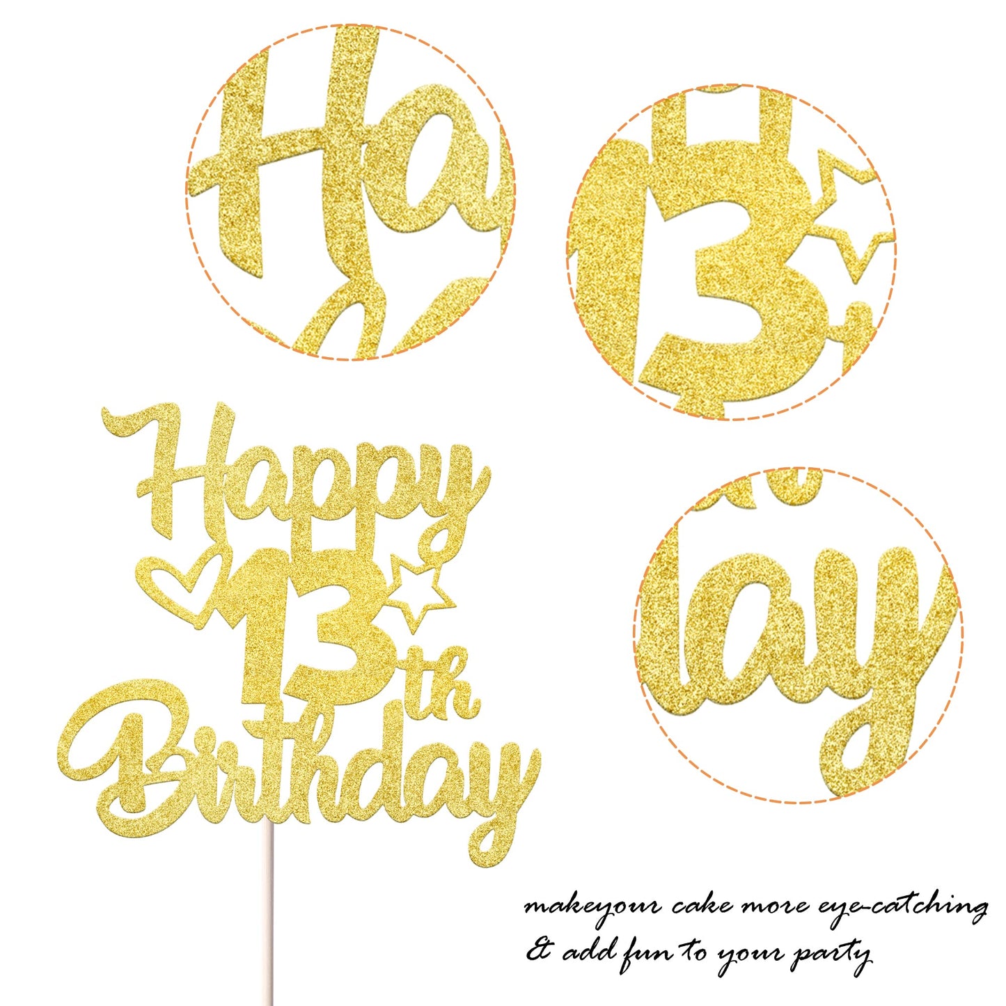 YCTHUNFISH 13th Birthday Cake Topper Glitter Heart Star Gold Bamboo Decoration