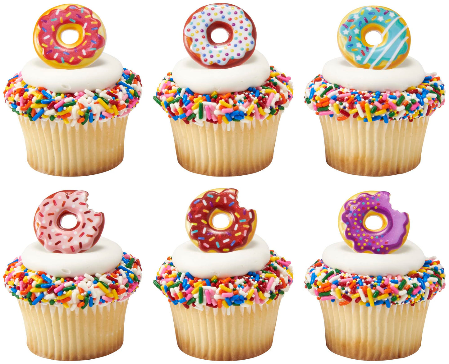 DecoPac Donut Cupcake Rings, Cake Toppers, 24 Pack, Multicolor, Food Safe Plastic Decorations