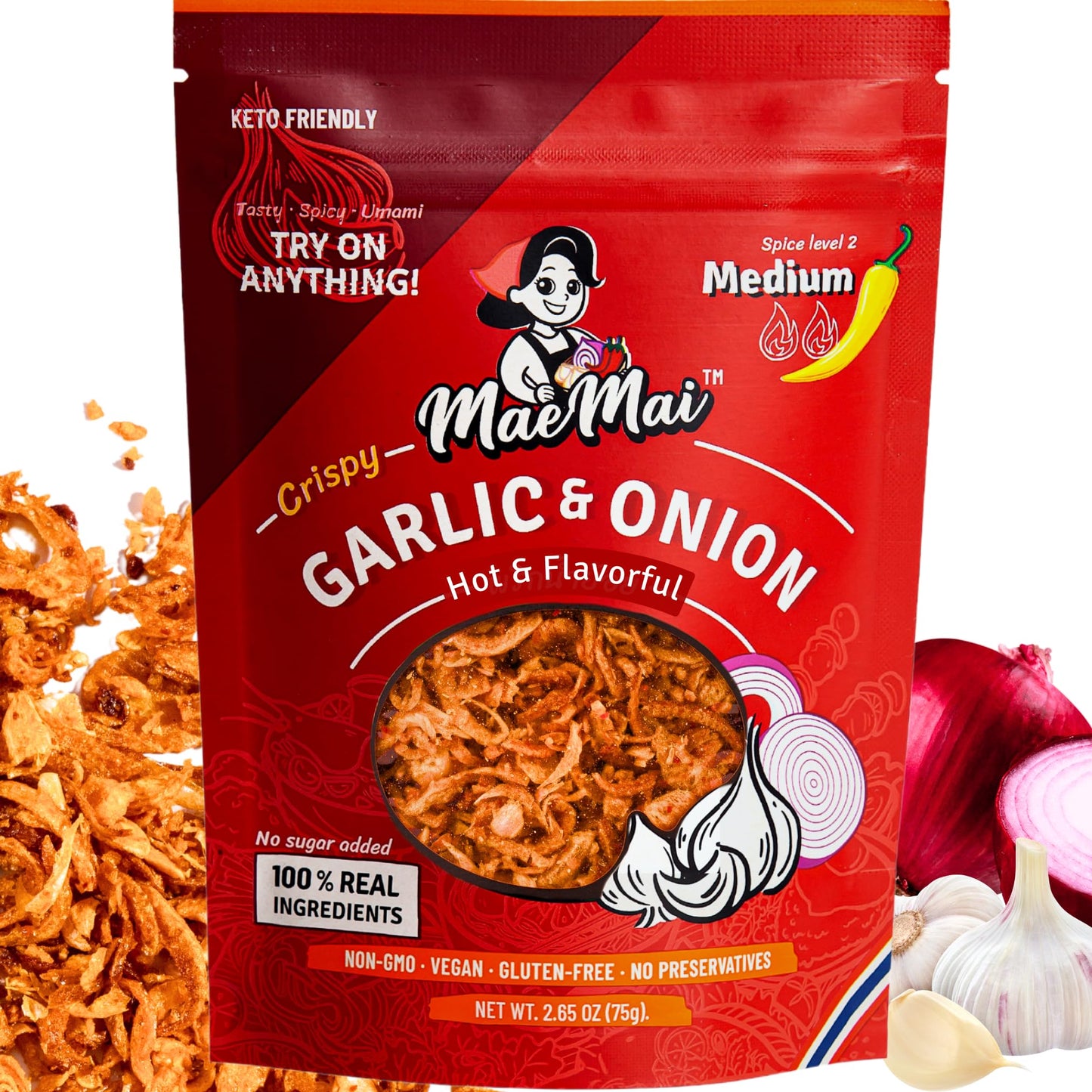 Maemai Medium Spice (Spicy) - Crispy Onions & Garlic Flakes - Crunchy All-Purpose Seasoning, Keto, Salad Toppings, Fried Onions - Ramen, Rice Seasoning, Vegan, Gluten-Free | 3.17Oz (90G)