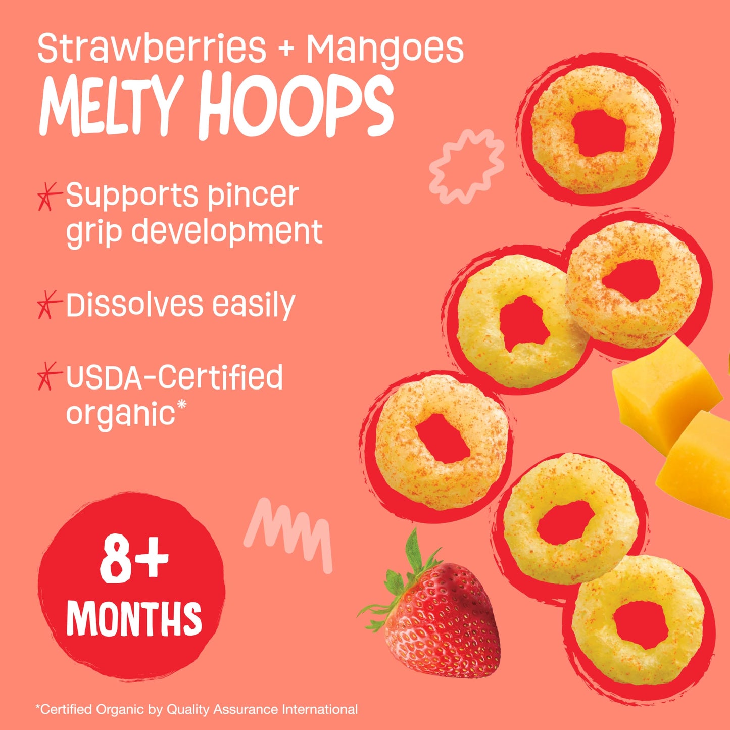 Earths Best Organic Melty Hoops, Bite-Sized Snacks For Babies 8 Months And Up, Strawberry And Mango, 0.70 Ounce Bags (Pack Of 4)