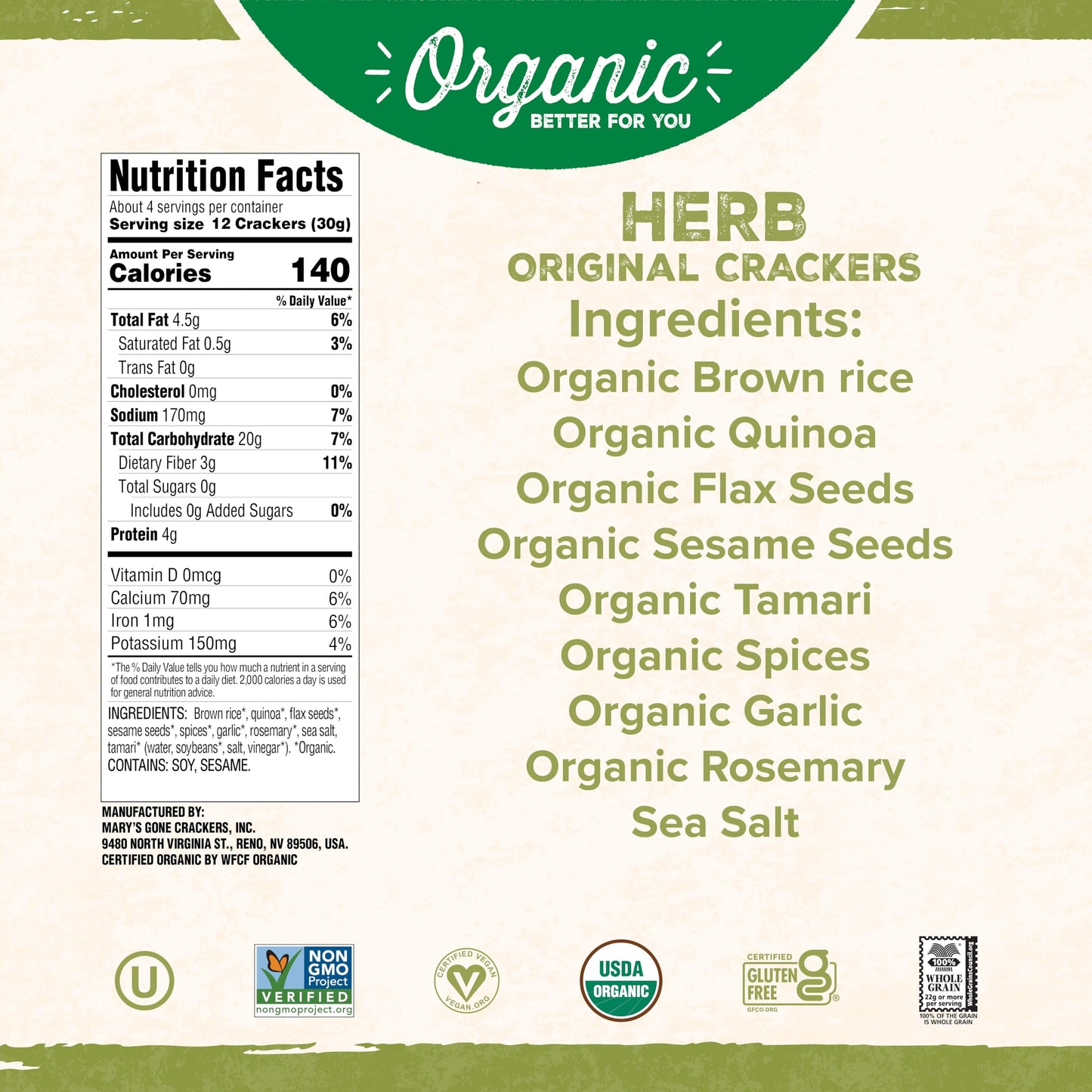Mary'S Gone Crackers Herb Crackers, Vegan Friendly, Kosher, Usda Certified Organic, Gluten Free & Non-Gmo, 4 Ounce (Pack Of 6)