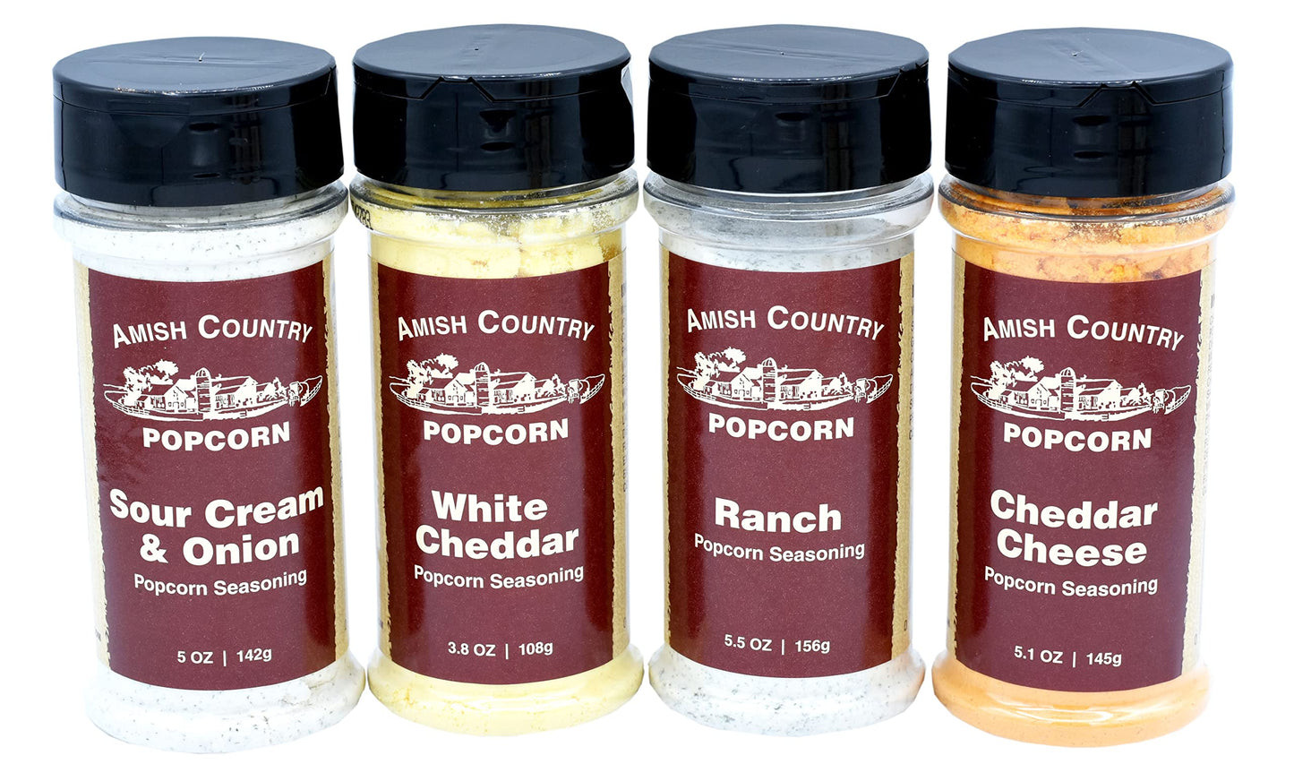 Amish Country Popcorn | Seasoning Variety Pack | 4 Bottles | White Cheddar - Cheddar Cheese - Sour Cream & Onion -Ranch | Nut Fr
