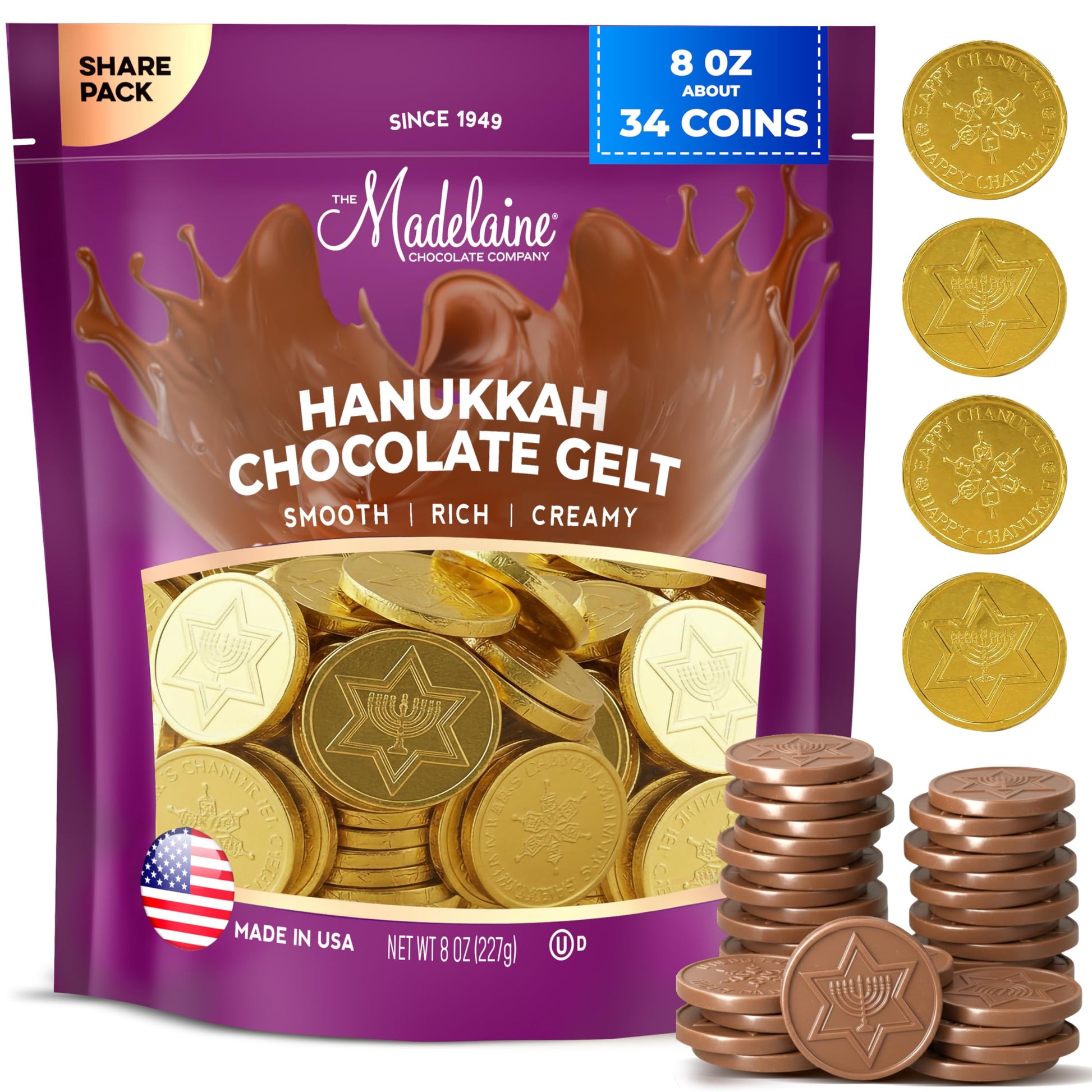 Madelaine Milk Chocolate Hanukkah Gelt Chocolate Coins - Kosher Certified Individually Wrapped Hanukkah Candy - 8 Oz Chanukah Gelt With Terditional Symbols