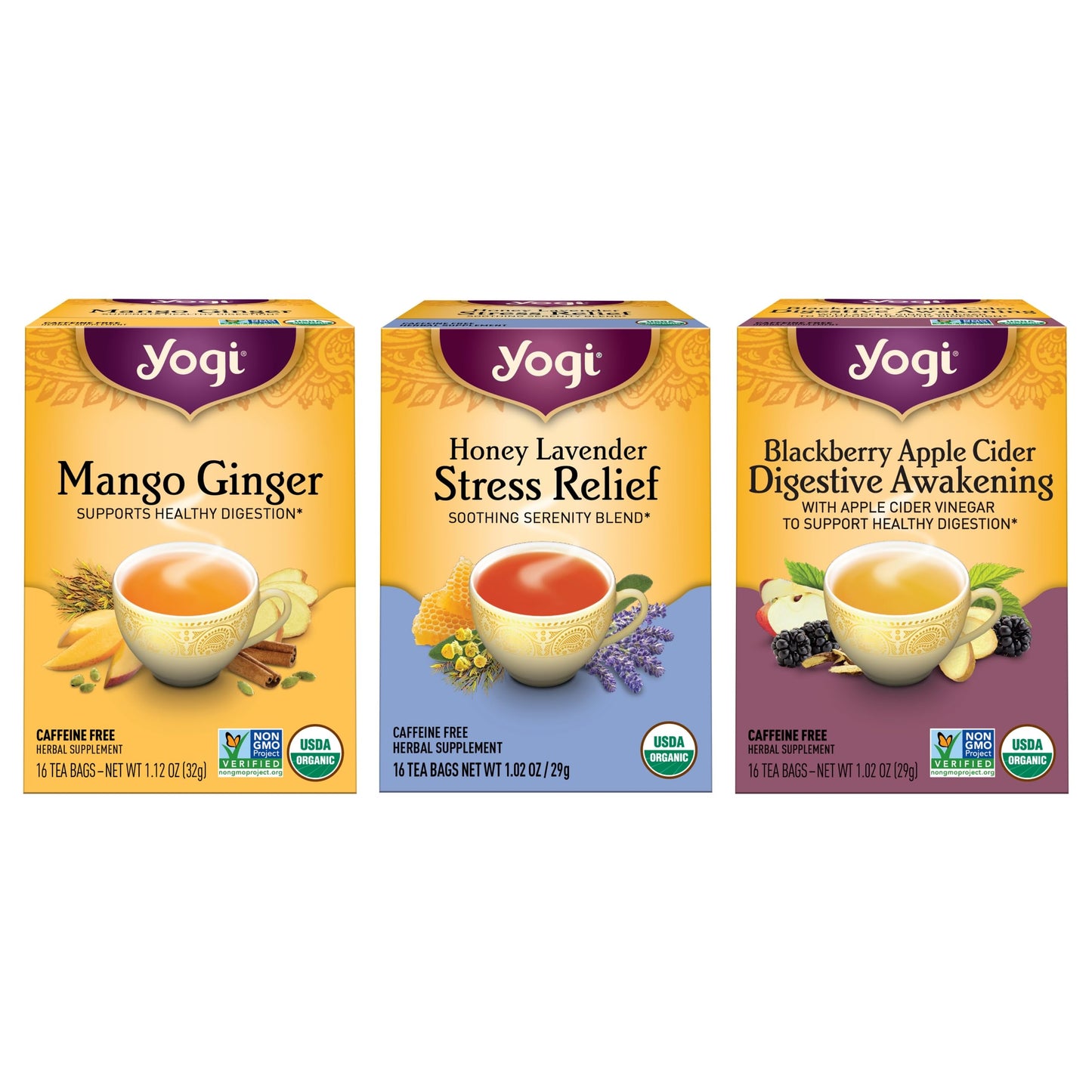 Yogi Tea Iced Tea Variety Pack - Organic Sampler - 16 Bags per Pack (3 Packs) - Includes Mango Ginger, Blackberry Apple Cider, Honey Lavender