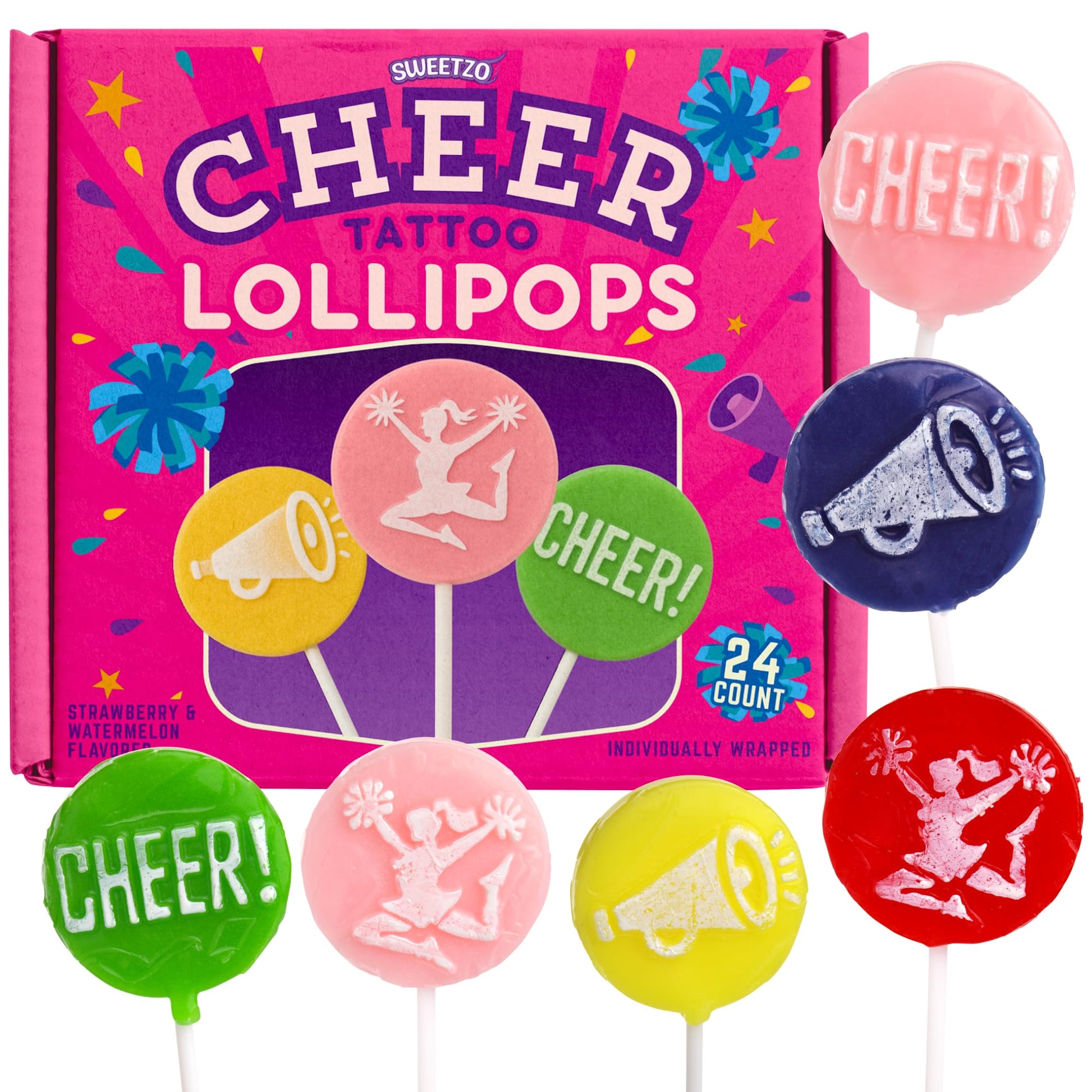 Cheer Tattoo Lollipops, Team Party Favor Candy Gifts, Individually Wrapped Suckers, Pack Of 24