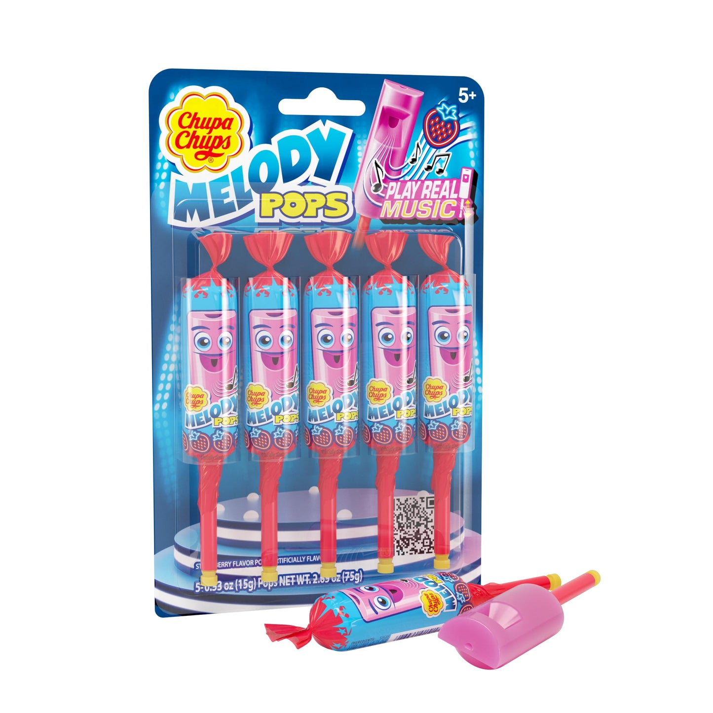 Chupa Chups Melody Pop Strawberry Lollipops, Individually Wrapped, 5 Count Pack, Red