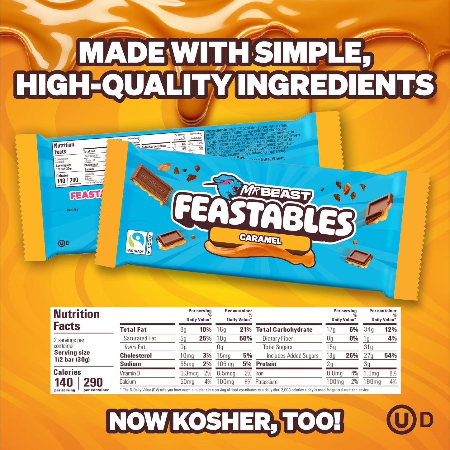 Feastables Mrbeast Caramel Chocolate Bar, King Size Candy Bar For Mature-Themeds & Kids, Candy Bars For Snacks, Gifts, Or Dessert, Sweet & Creamy Fairtrade Cocoa, 2.1 Oz Each, 10 Count