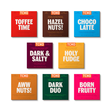 TCHO 100% Plant-Based Dark & Milk Chocolate Variety Pack - Gourmet Assortment with Toffee Time, Choco Latte, Dark & Salty, & Mor
