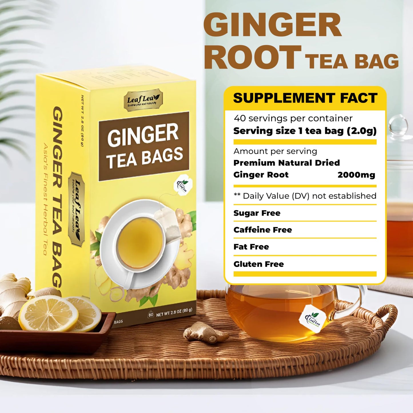 LeafLea Ginger Root Tea Bags – Spicy Herbal Tea, Non-GMO, Caffeine Free, Sugar Free, 80 Bags (Pack of 2)