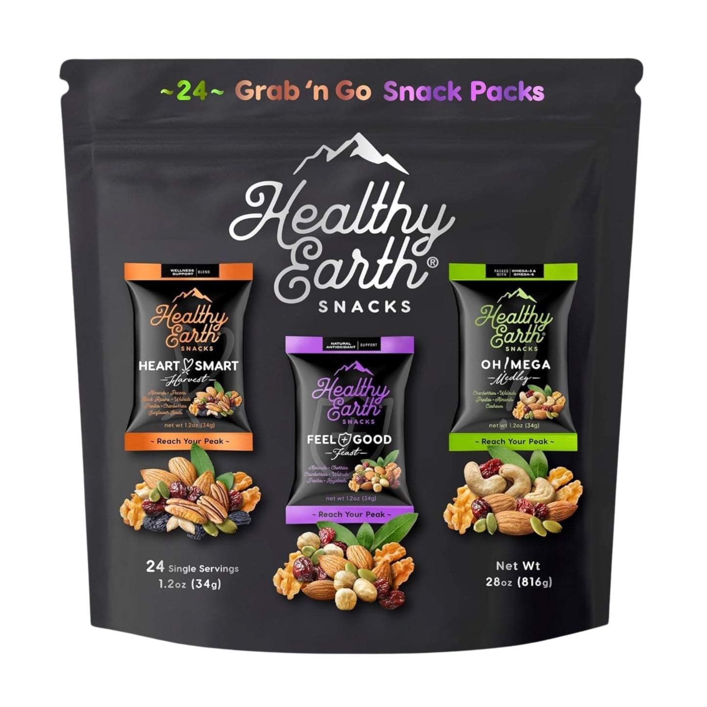 Healthy Earth Snacks 3 Flavors Variety Pack  24 Count | Mixed Nuts & Dried Fruits Gourmet Snacks  Gluten-Free | 8 Packets Per Flavor: Heart Smart Harvest  Feel Good Feast  & Oh! Mega Medley (816g)