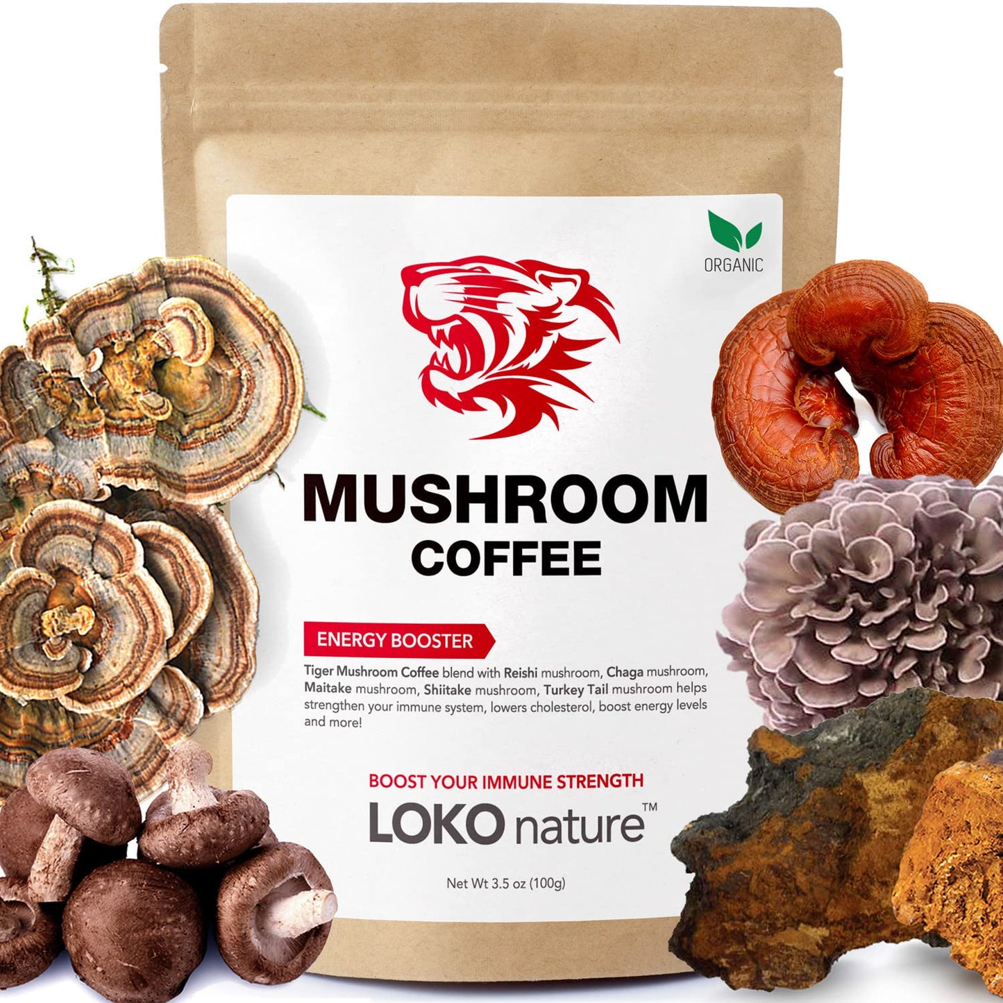 LOKO nature Tiger Organic Instant Coffee - 30 Servings, 3.6 Ounce, Gluten & Dairy Free, Vegan, with 5 Mushrooms, Model LSKTGMC19