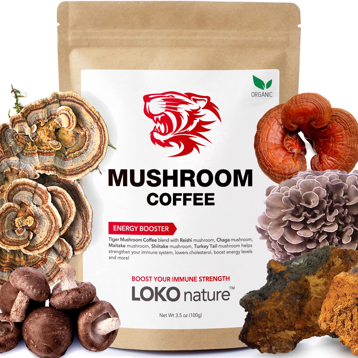 LOKO nature Tiger Organic Instant Coffee - 30 Servings, 3.6 Ounce, Gluten & Dairy Free, Vegan, with 5 Mushrooms, Model LSKTGMC19