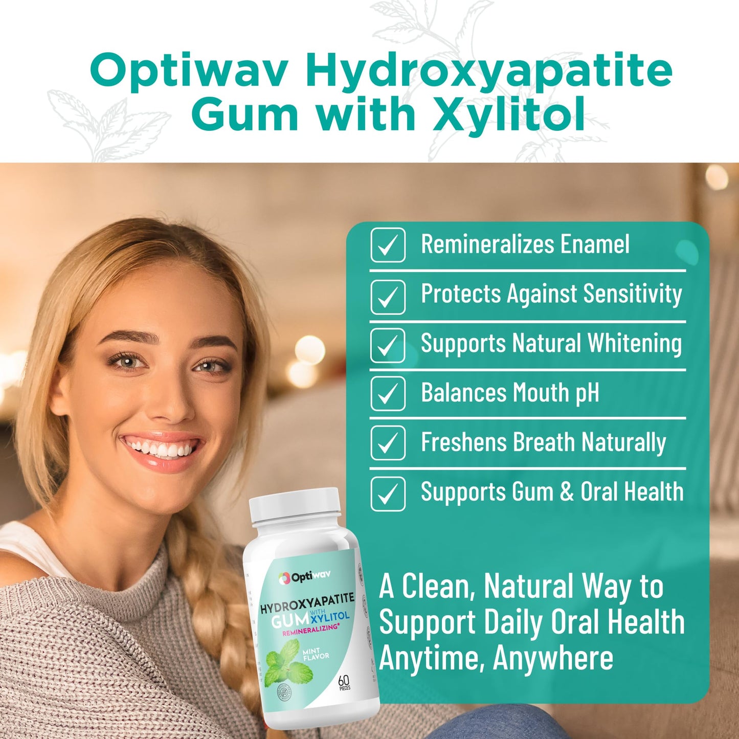 Optiwav Nano Hydroxyapatite Remineralizing Gum - Teeth Mineralizing Re-Mineralizing Chewing Gum with Nanohydroxyapatite & Xylitol - Cavity Reversing Sugar Free Mint Gum for Oral Health & Fresh Breath