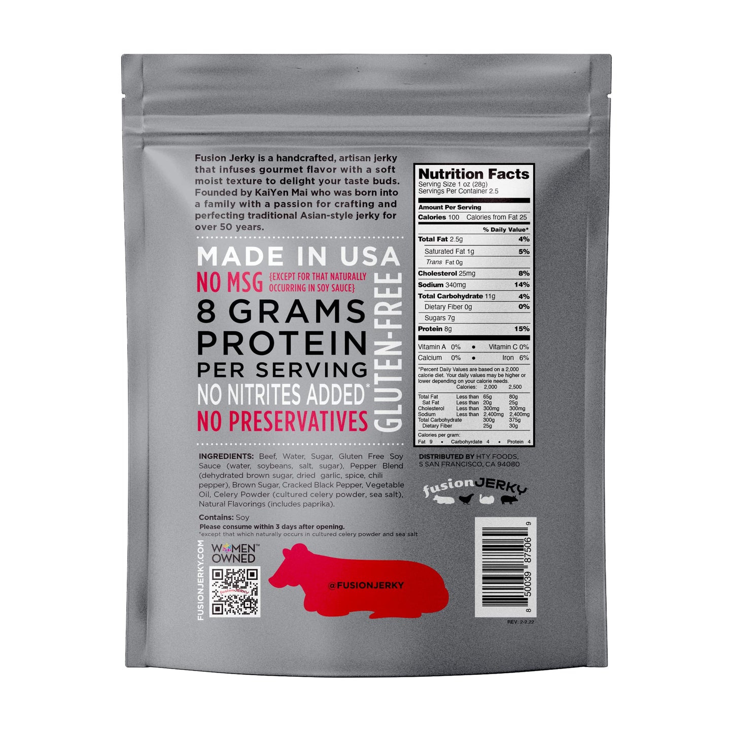 Fusion Jerky Artisan Beef Jerky, Cracked Pepper, 2.5 Oz - All Natural, 8G Protein, Premium Usa Sourced Meat, Gluten Free, Prime