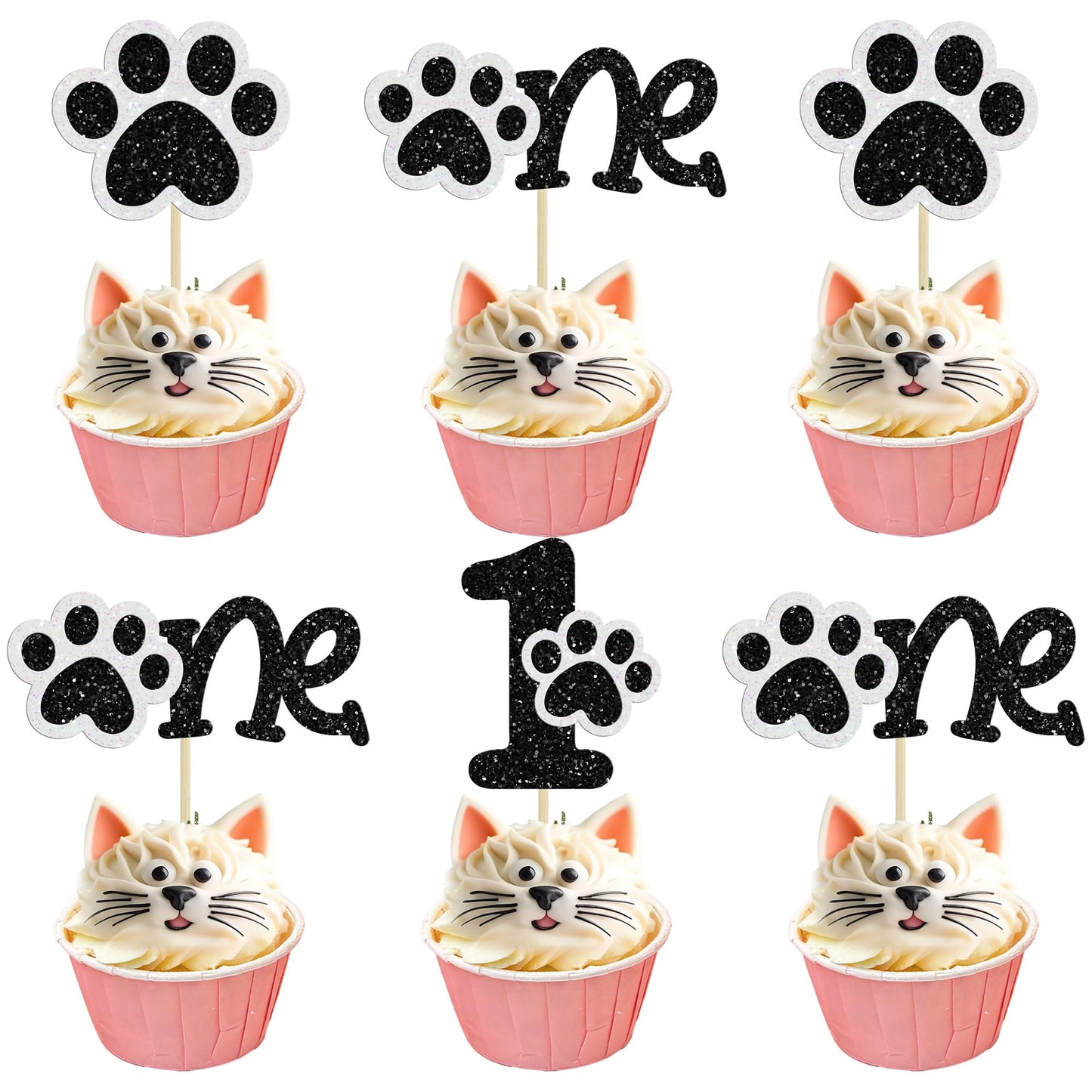 Gyufise Dog Paw Cupcake Toppers, 24 Pcs, Glitter, 2.4 inches, Black, First Birthday Party Decorations